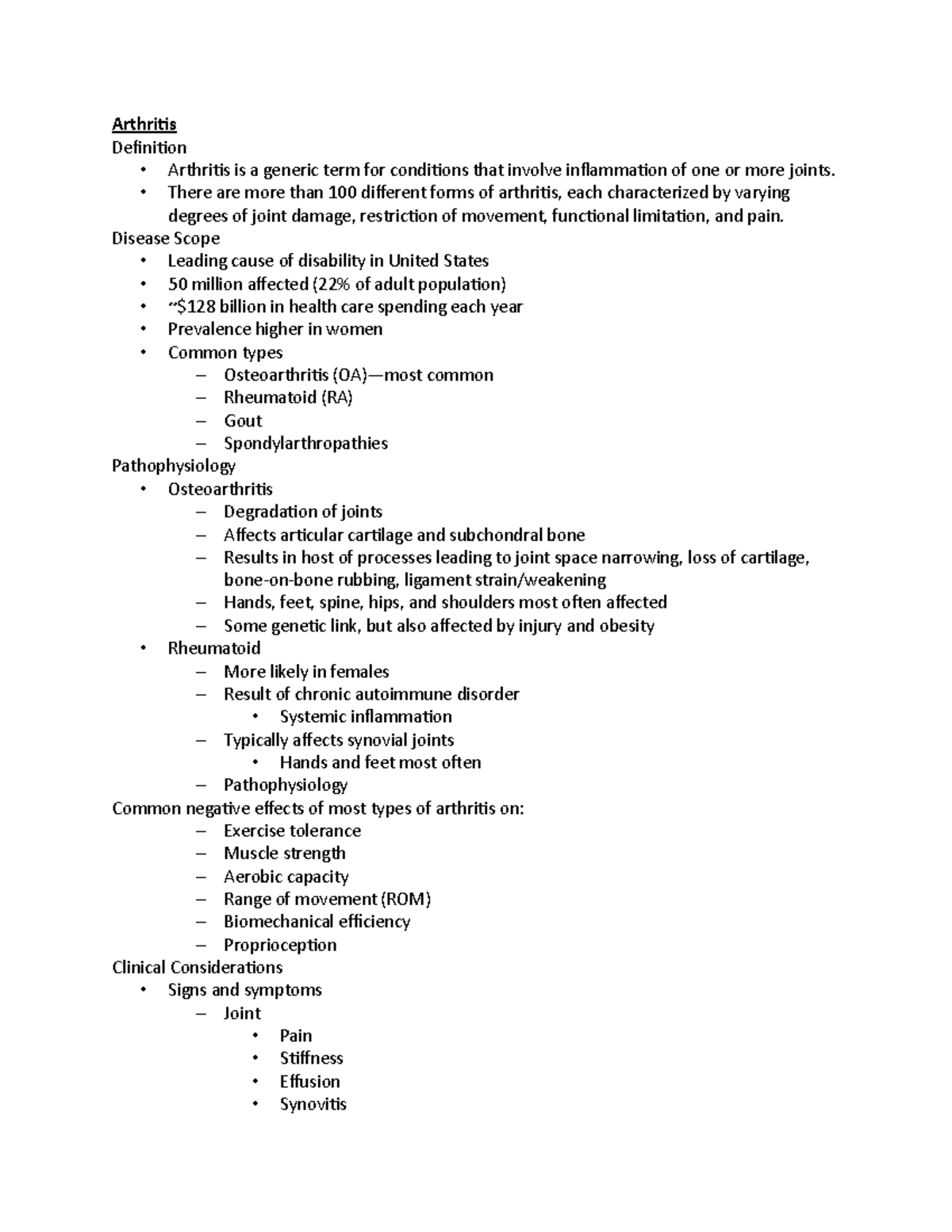 Arthritis notes from class lecture, instructor weidauer Arthritis