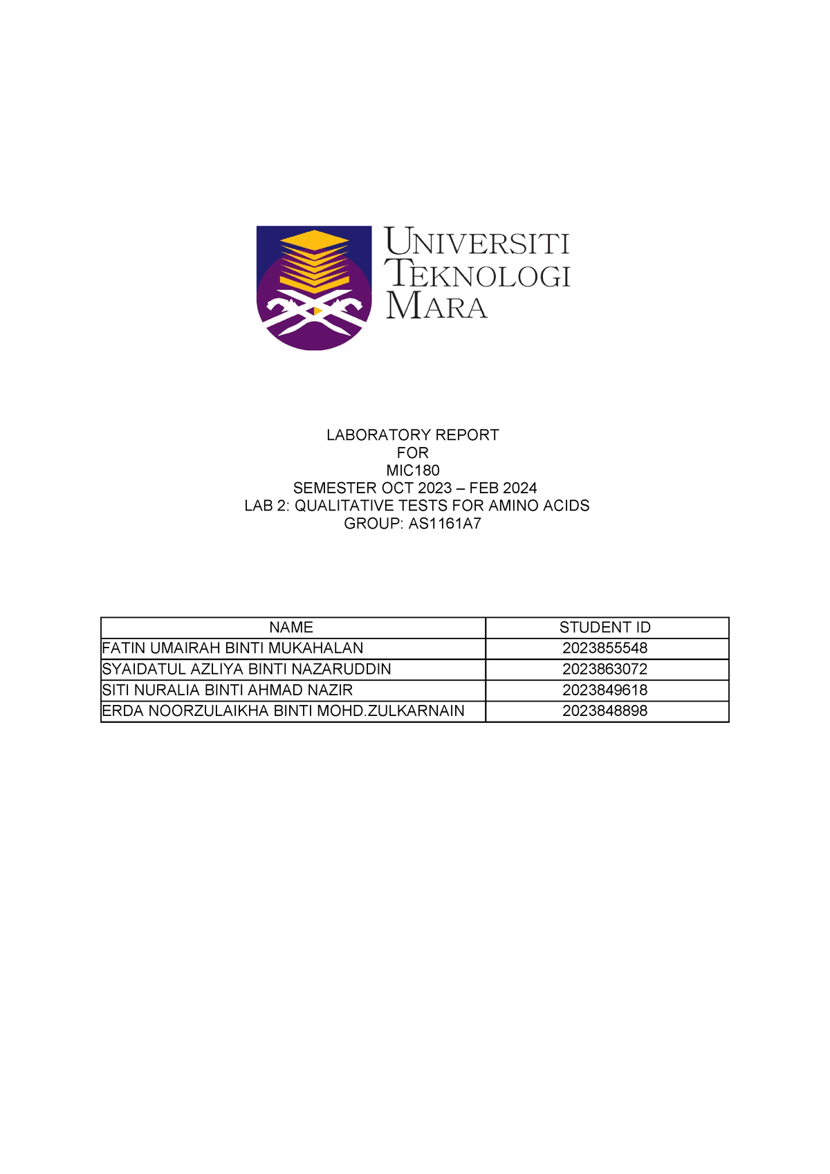 MIC LAB 2 GOOD LABORATORY REPORT FOR MIC SEMESTER OCT 2023 FEB