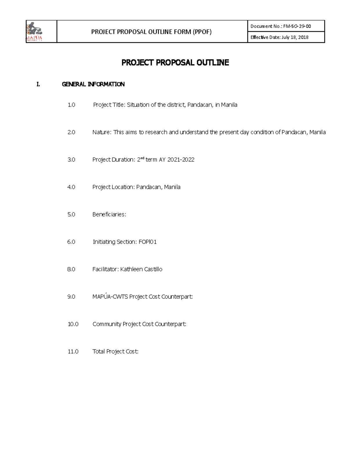 Mendoza FOPI01 Project Proposal 1st Draft - M AP U A PROJECT PROPOSAL ...