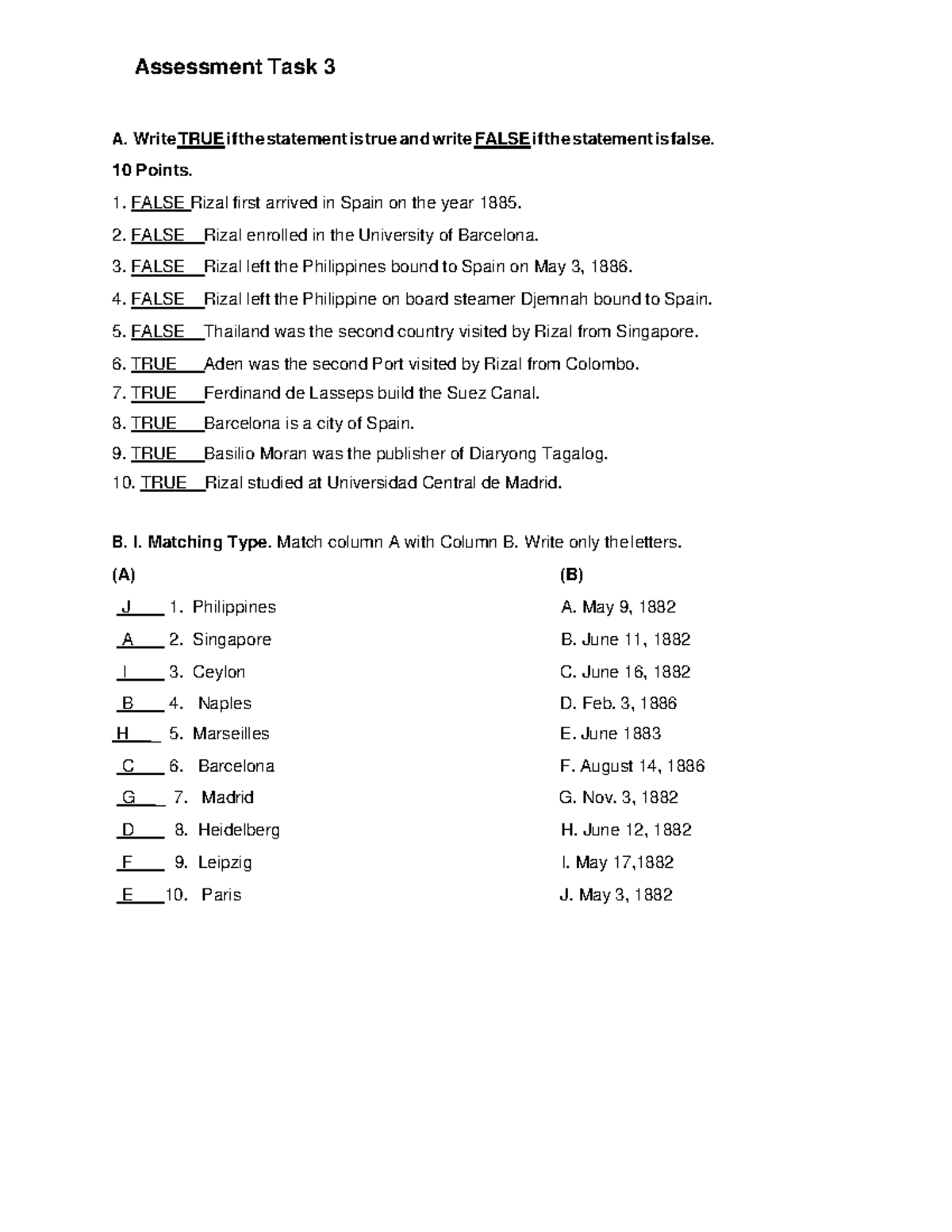 Assessment Task 3 - Bal - Assessment Task 3 A. Write TRUE if the ...