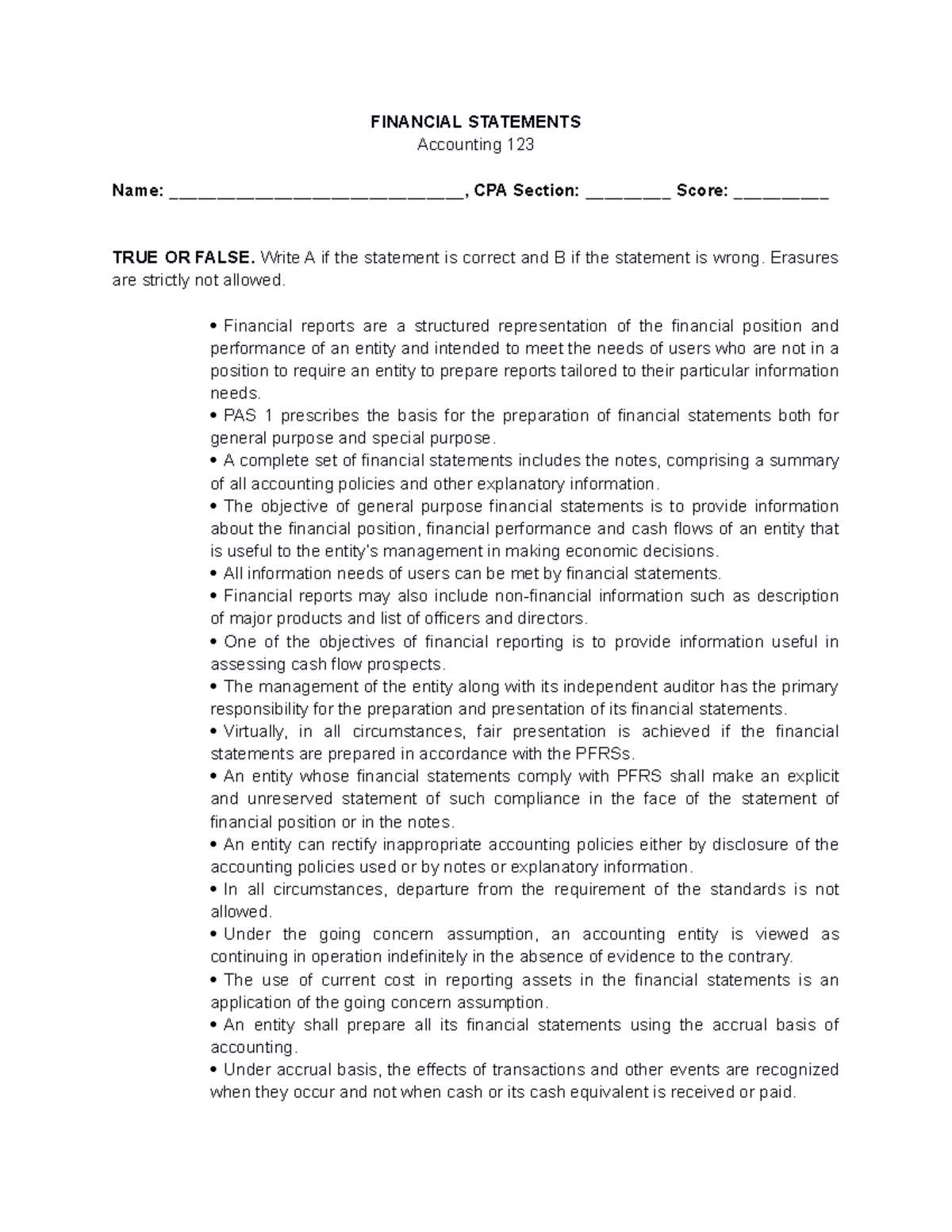 1 Financial Statements - FINANCIAL STATEMENTS Accounting 123 Name