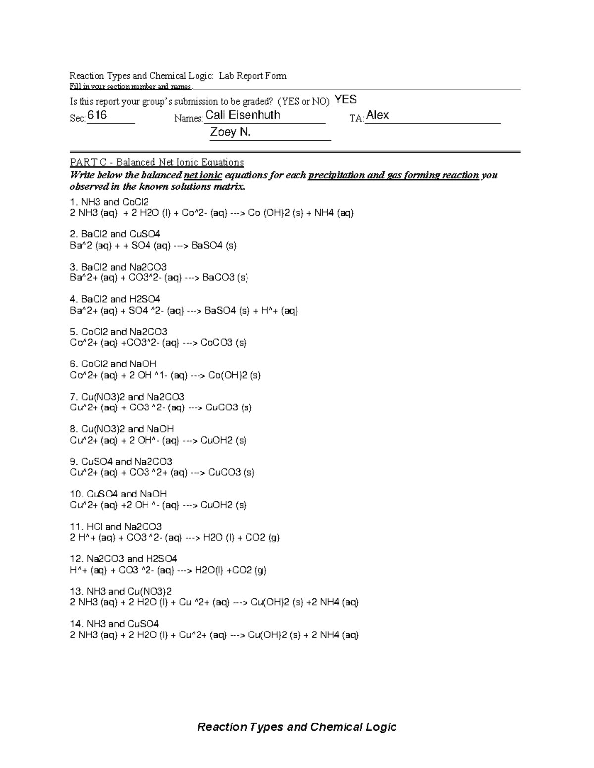 CHEM Logic LAB Report - Reaction Types and Chemical Logic Reaction ...