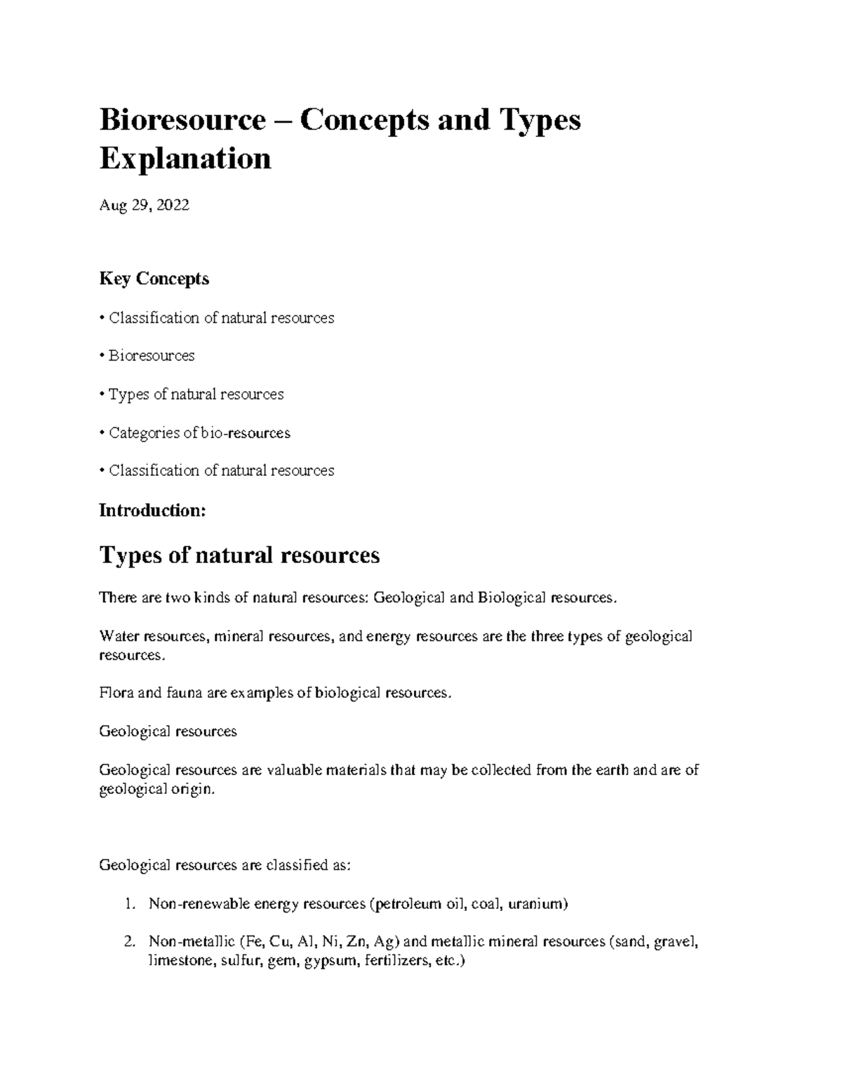 Bioresource Water resources, mineral resources, and energy resources
