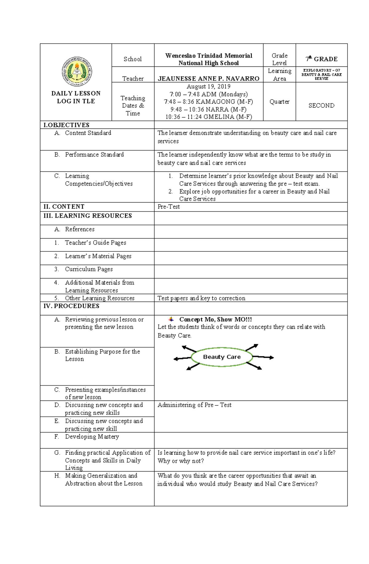 1. August 19 pre test dll for nail care service 7 Beauty Care DAILY LESSON LOG IN TLE School