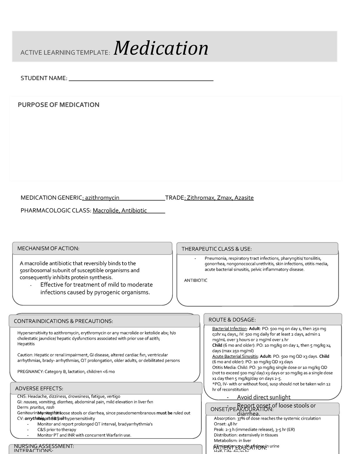 Azithromycin Medcard - notes - STUDENT NAME