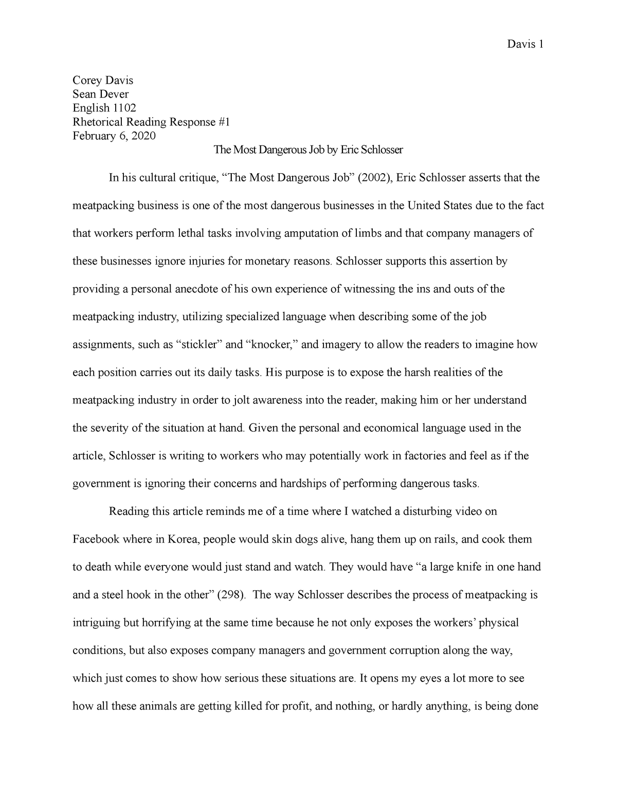 reading response short essay