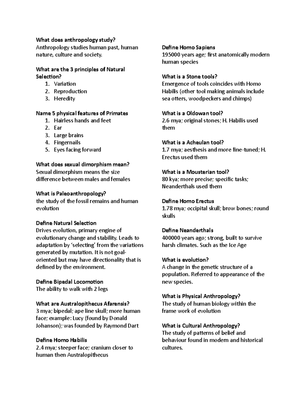 Chapter 17 notes Questions having to do with Physical Anthropology