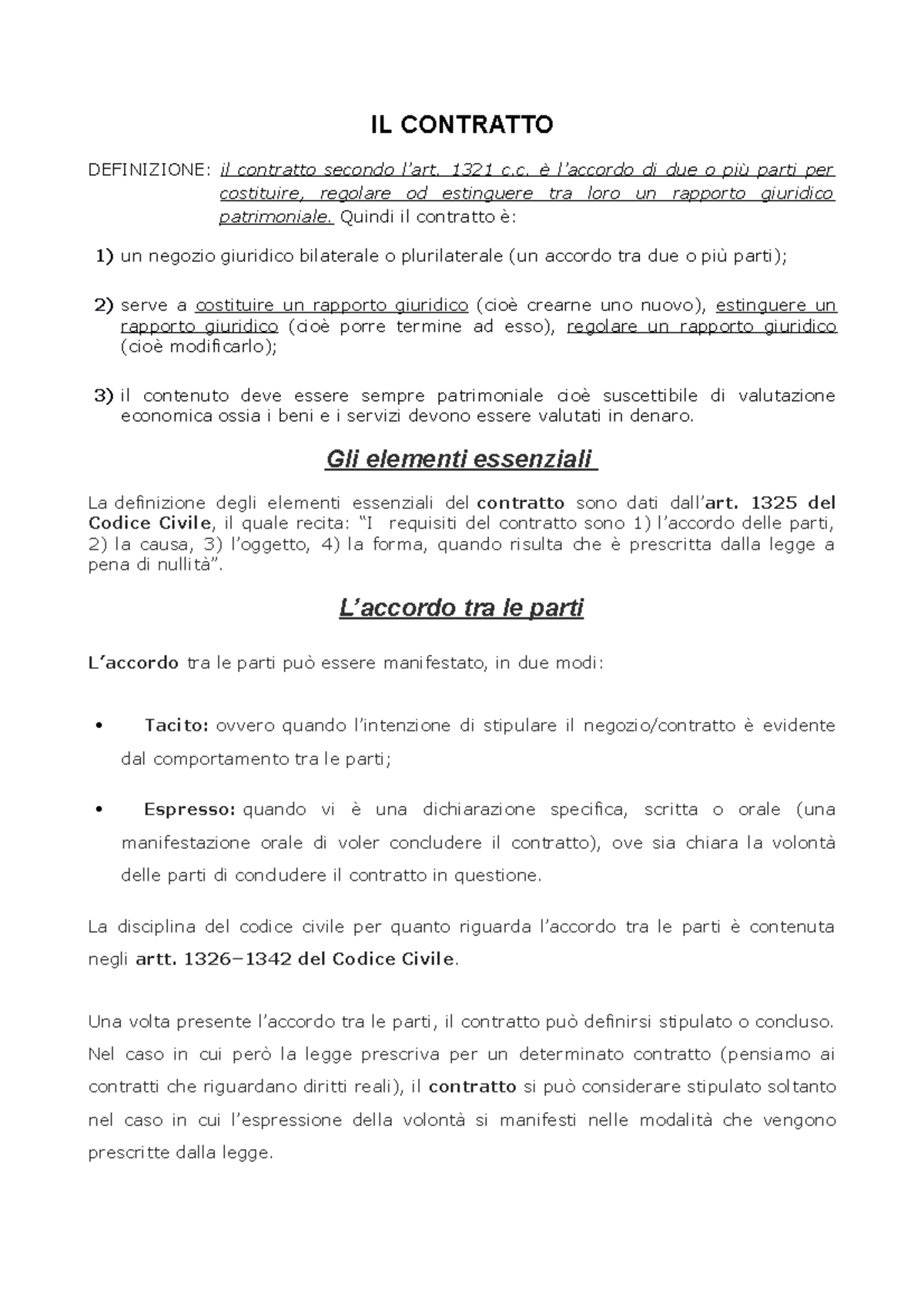 IL Contratto IL CONTRATTO DEFINIZIONE il contratto secondo 1321 c