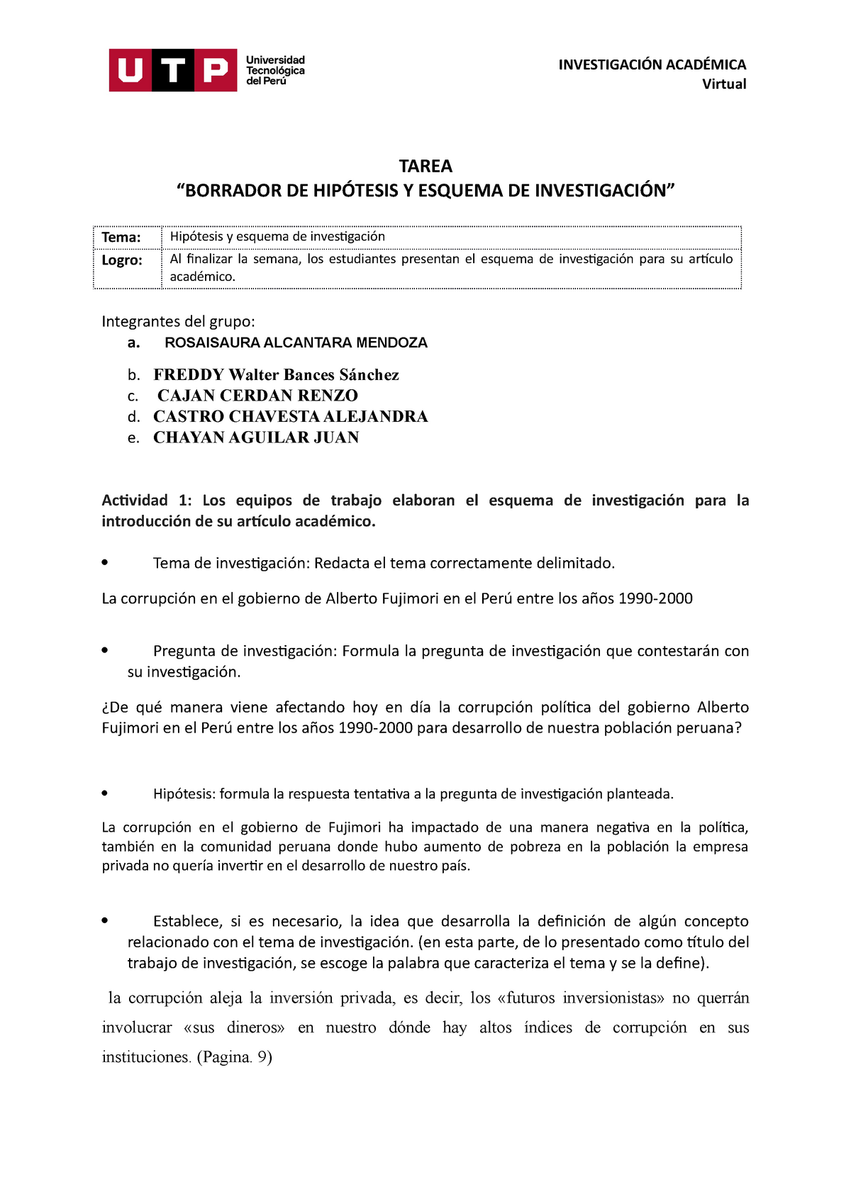 S Tarea Borrador de hipótesis y esquema de investigación INVESTIGACIÓN ACADÉMICA Virtual