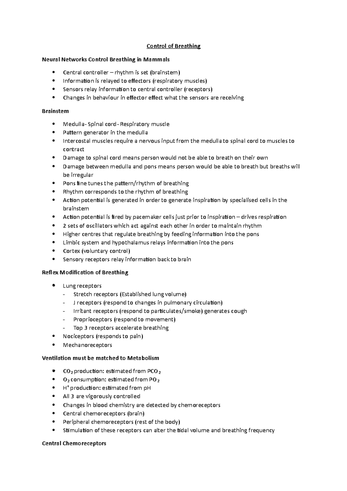 Control of Breathing - Lecture notes 1 - Control of Breathing Neural ...