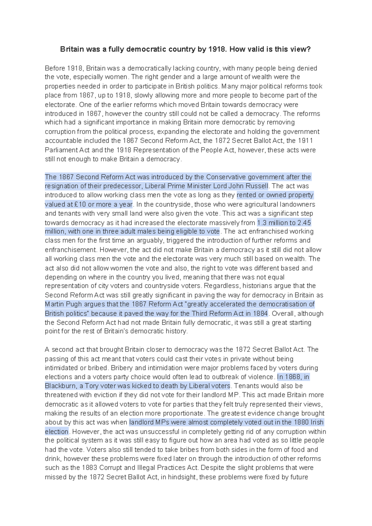 Britain was a fully democratic country by 1918 - How valid is this view ...