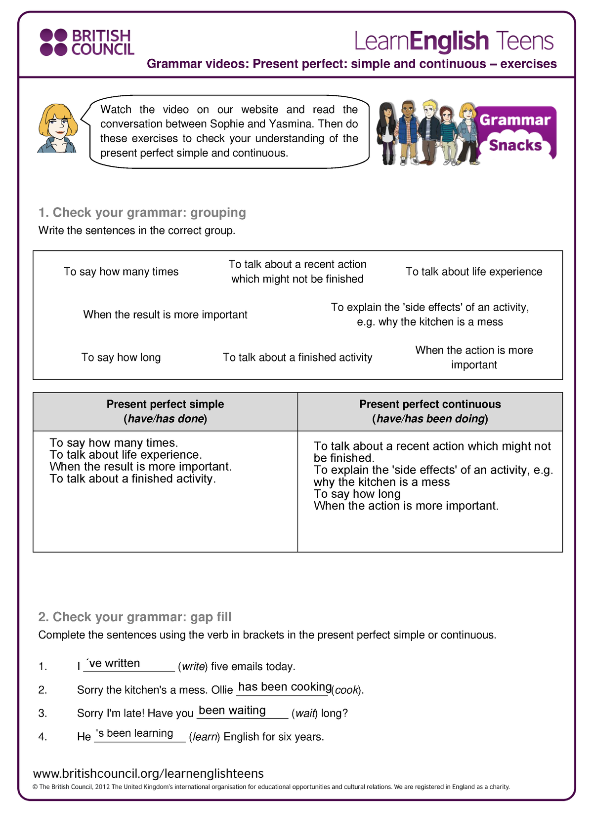 Gs Present Perfect Simple And Continuous Exercises 0 Answers 