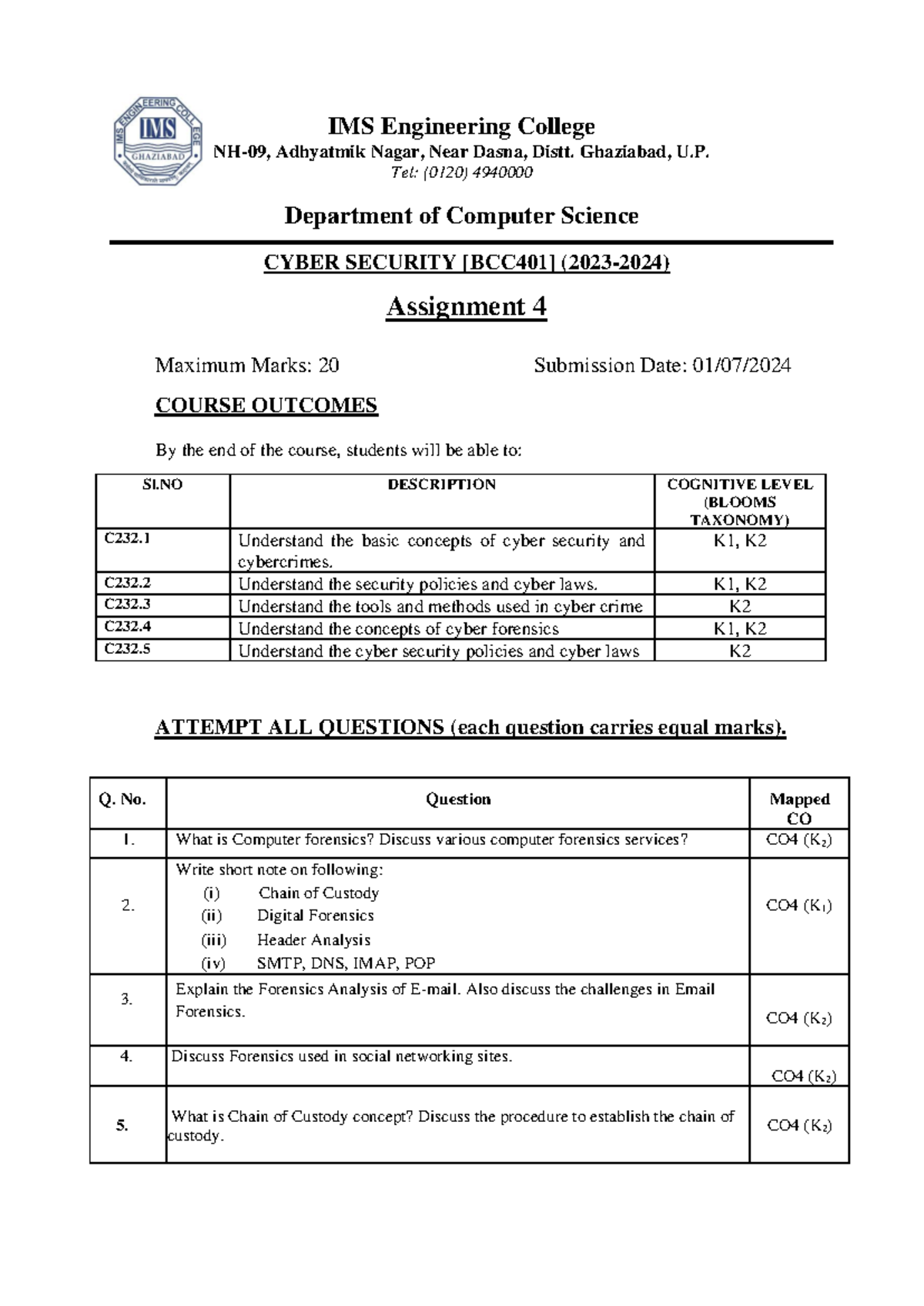 Assignment 4 - Practice material for 4th sem students. - IMS ...