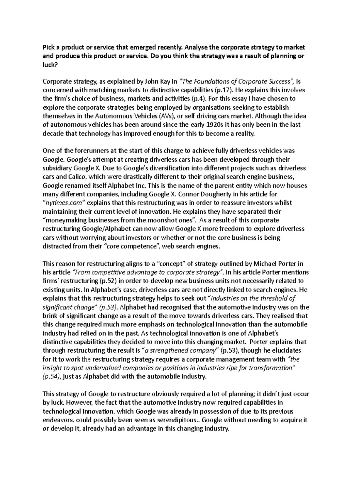 Coporate strategy essay Self Driving Cars Pick a product or service