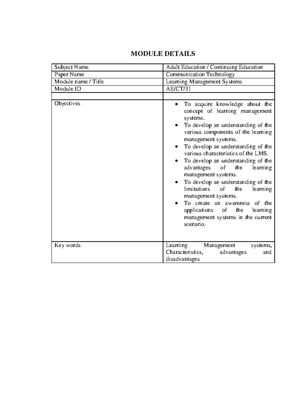 Learning Management Systems - MODULE DETAILS Subject Name Adult ...