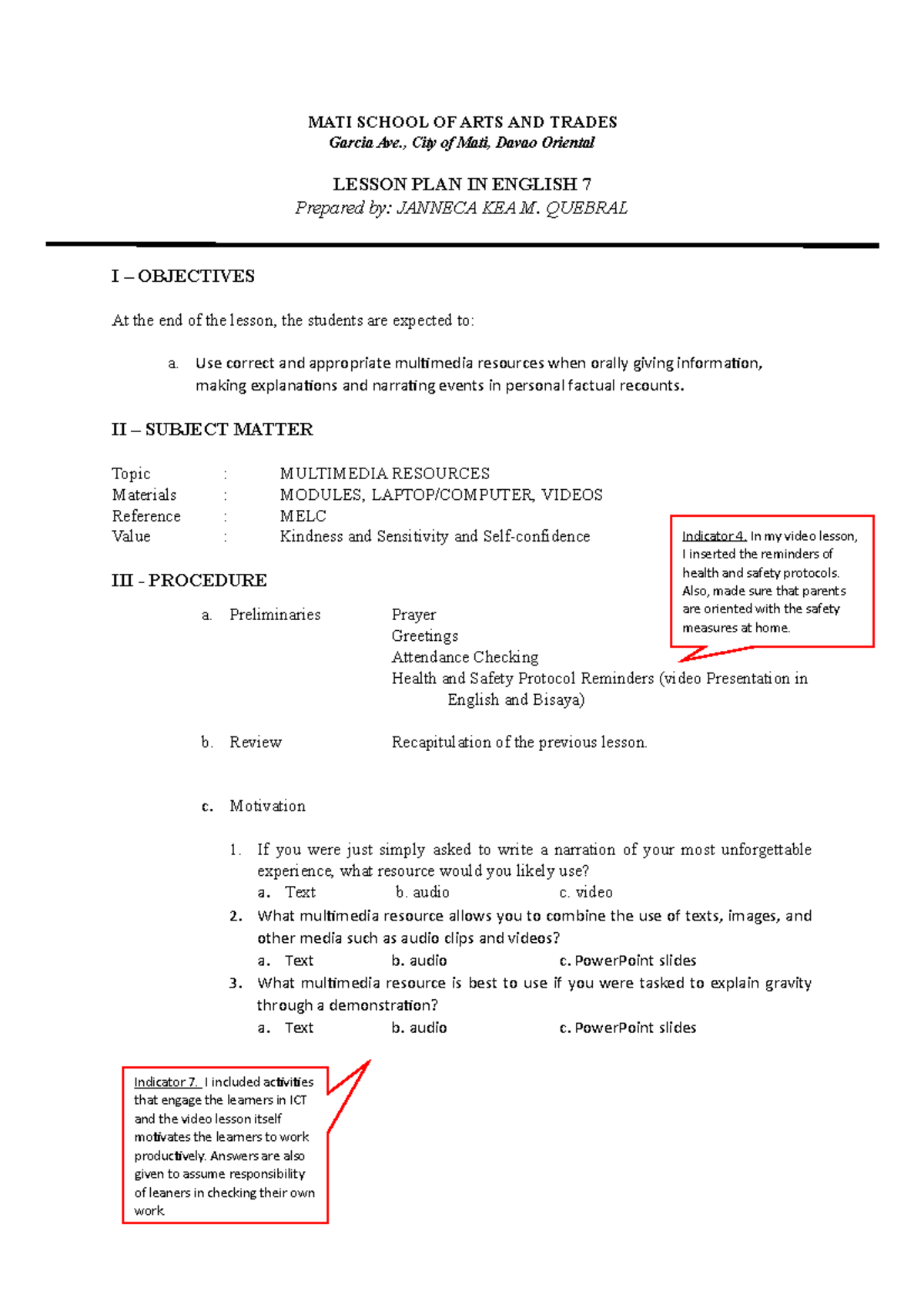 Multimedia Lesson PLAN - MATI SCHOOL OF ARTS AND TRADES Garcia Ave ...