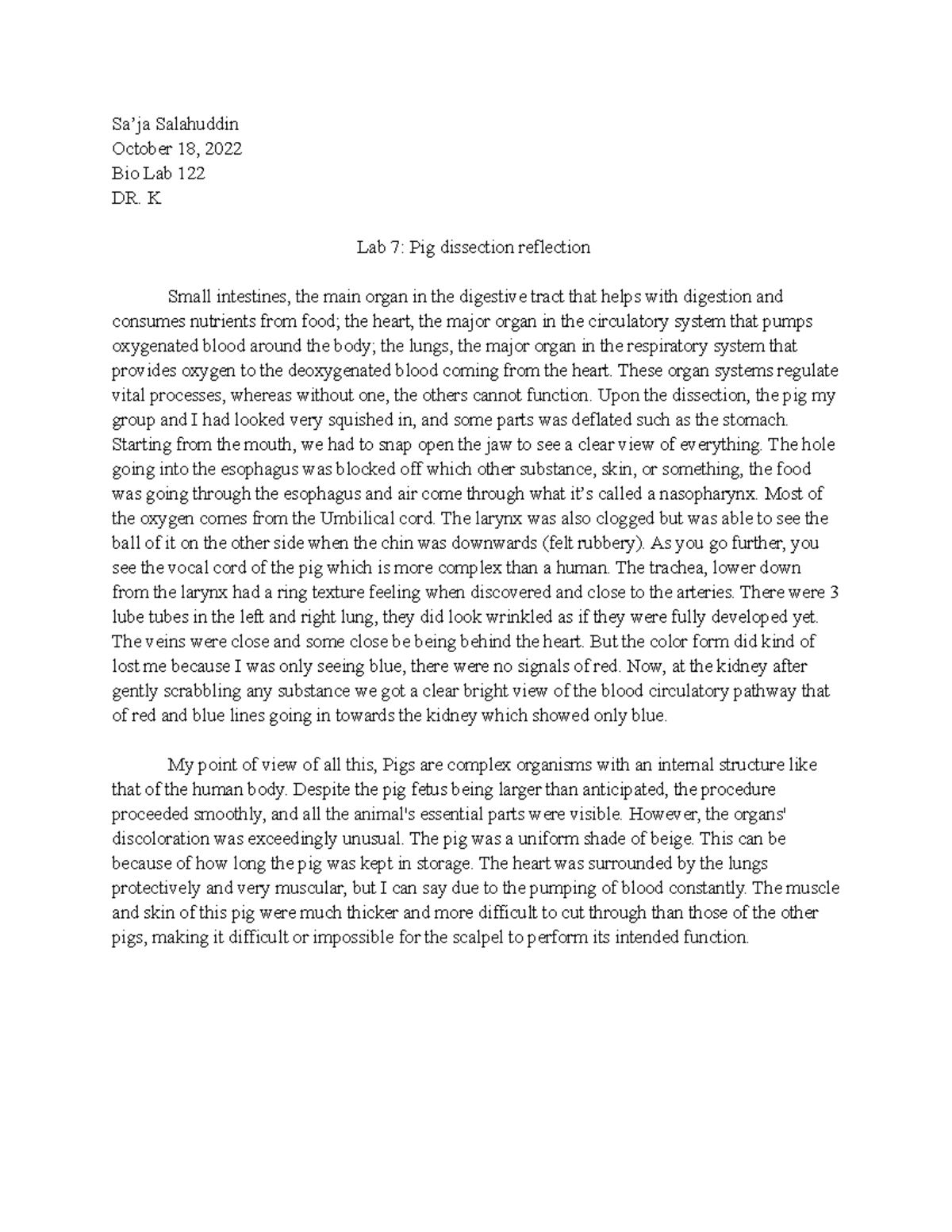Lab 7 pig dissection reflection Sa’ja Salahuddin October 18, 2022