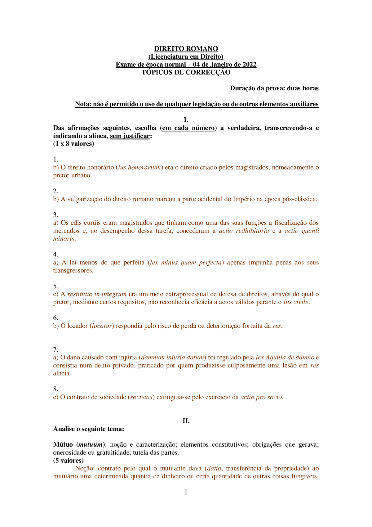 Critérios De Correção Exame En 1 Direito Romano Licenciatura Em Direito Exame De época 4142