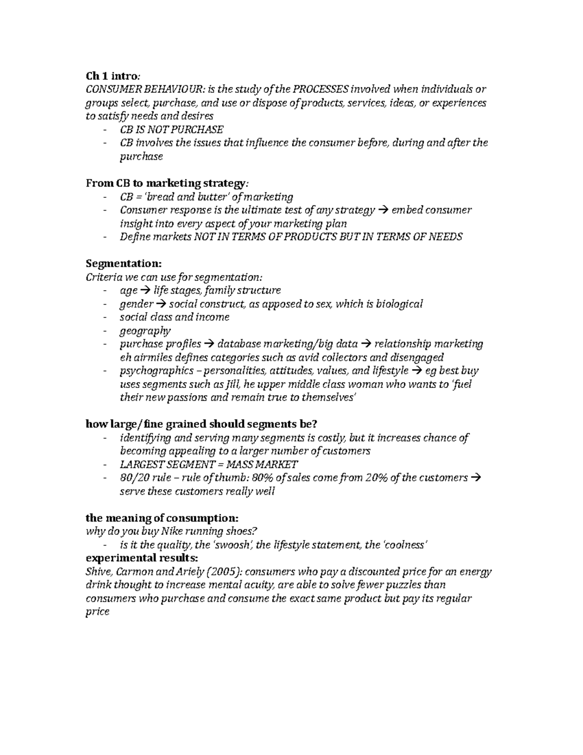 Consumer behaviour mid term notes - Ch 1 intro: CONSUMER BEHAVIOUR: is ...