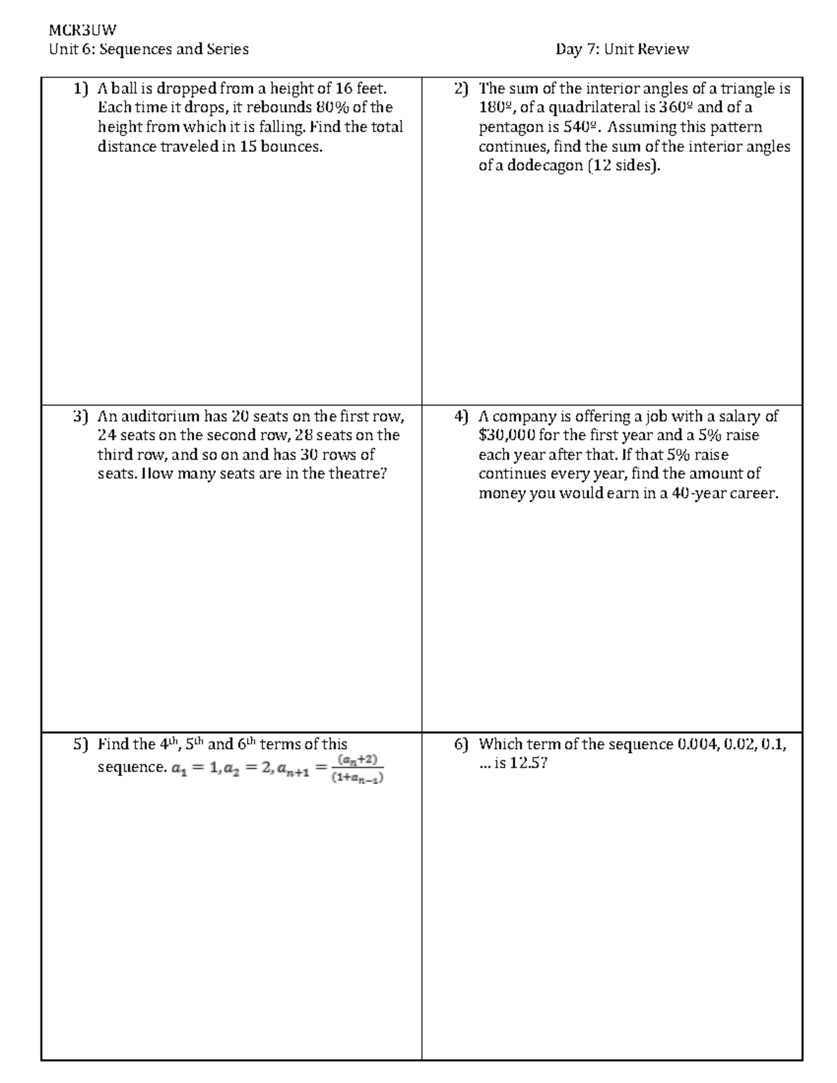Day 7 Unit Review - practice - MCR3UW Unit 6: Sequences and Series Day ...