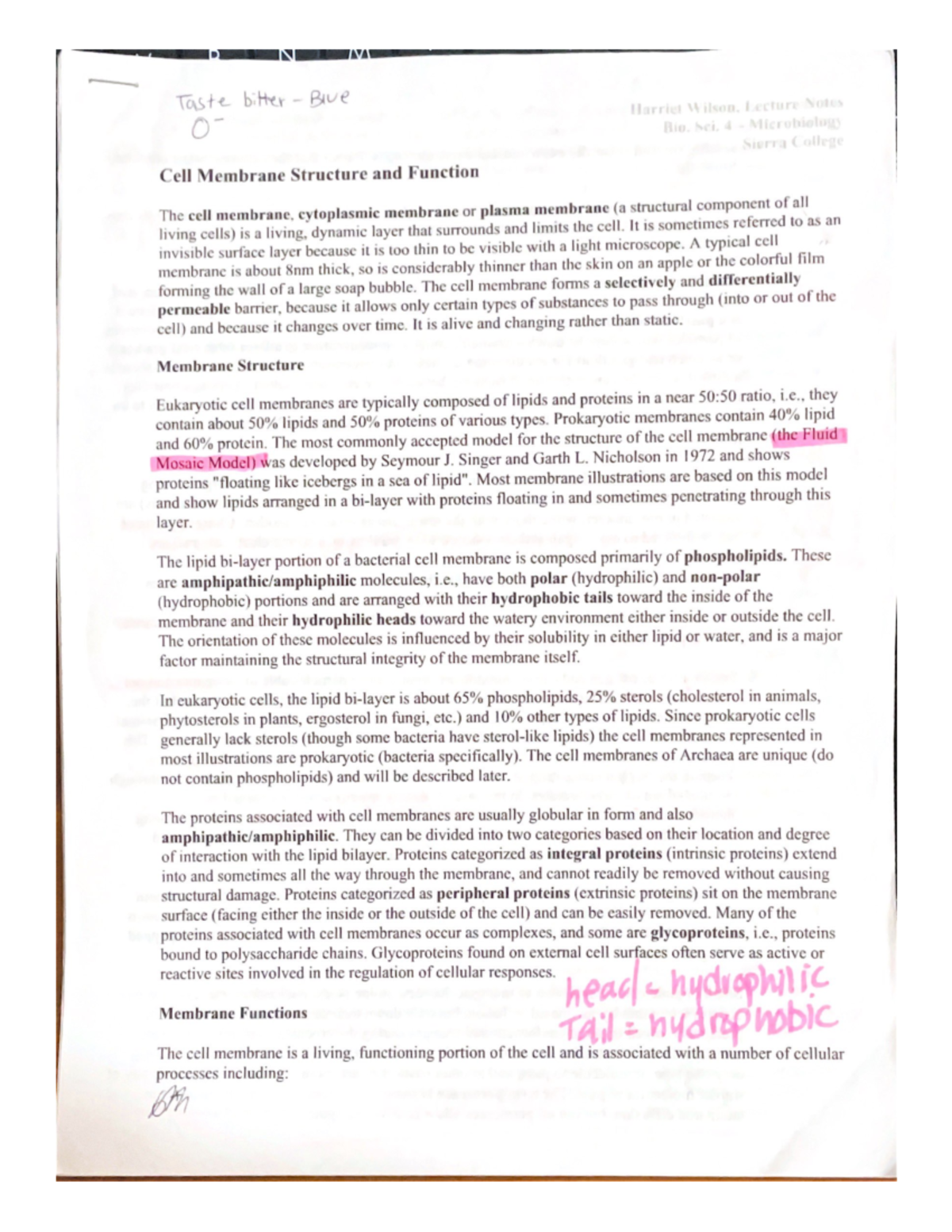 Cell Membrane Structure and Function Pg1 - BIOL 110 - Studocu