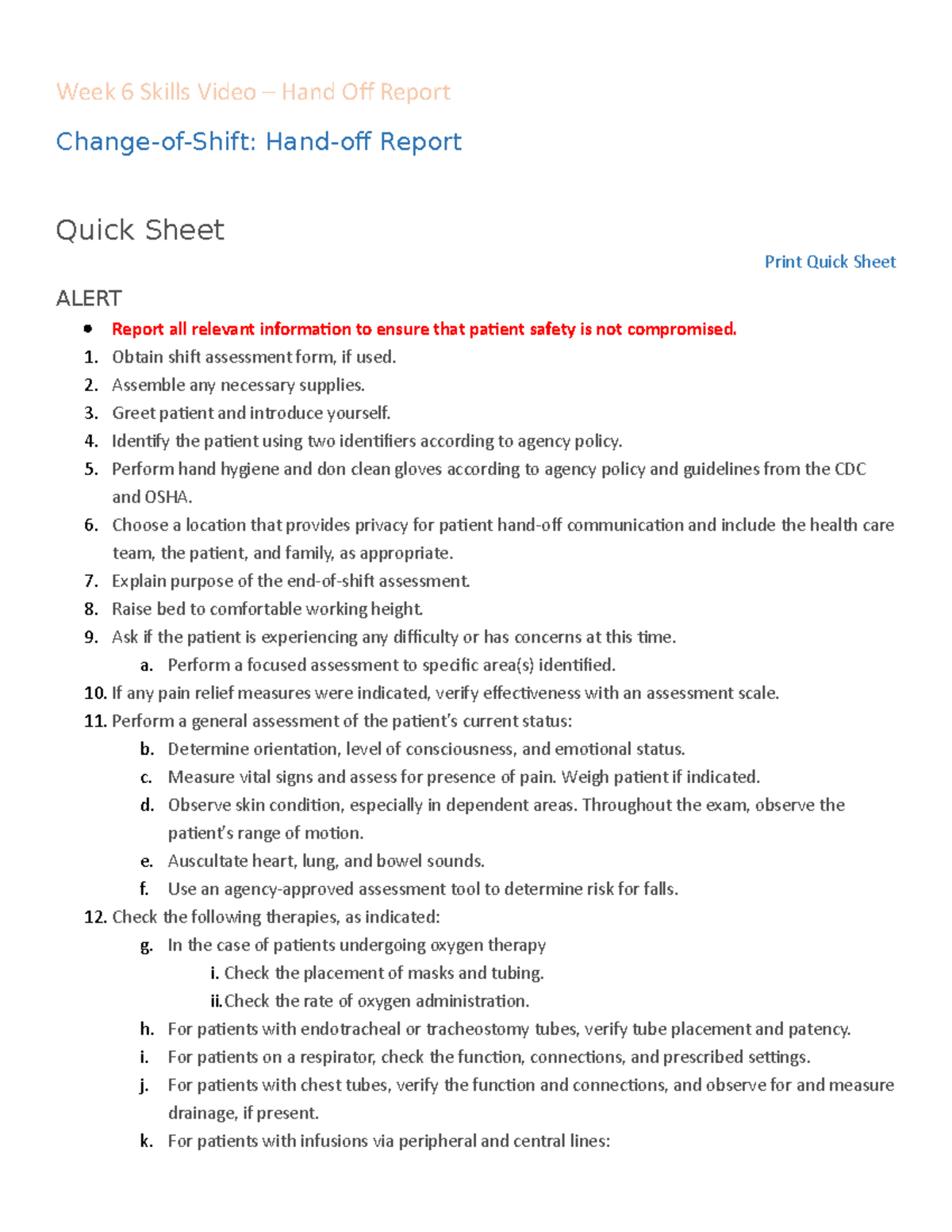 06FC ChangeofShift Handoff Report Week 6 Skills Video Hand Off