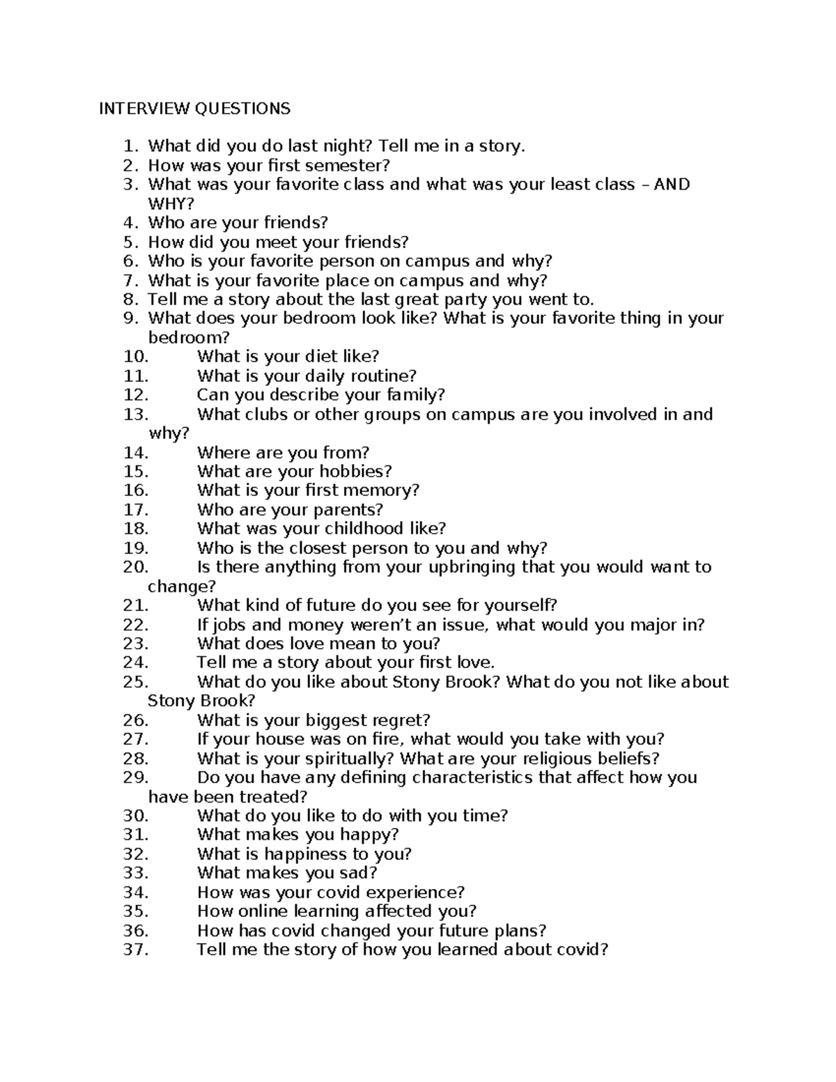 Film 101 Interview Questions - INTERVIEW QUESTIONS What did you do last ...