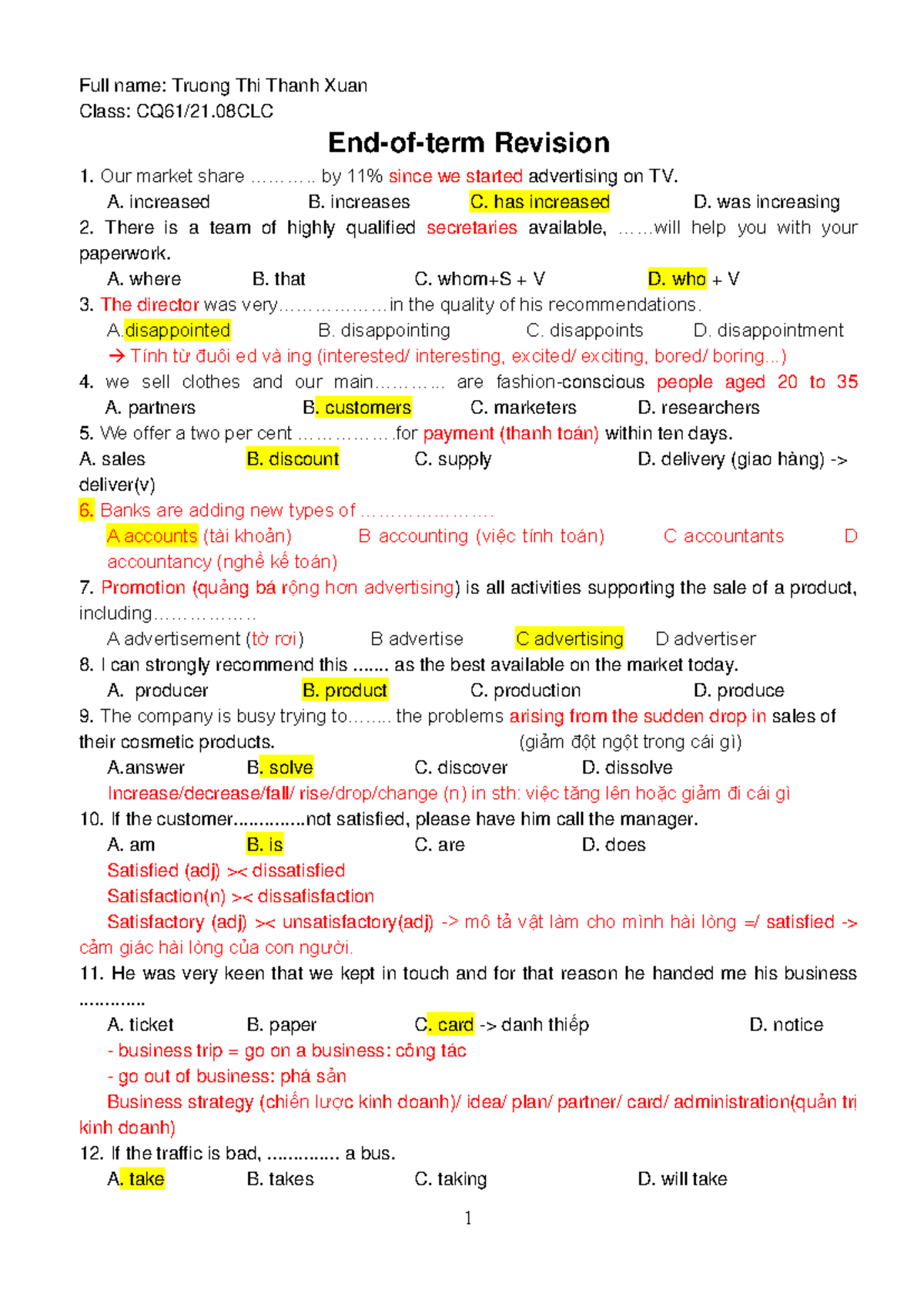 Revision-multiple-choice - Full name: Truong Thi Thanh Xuan Class: CQ61 ...