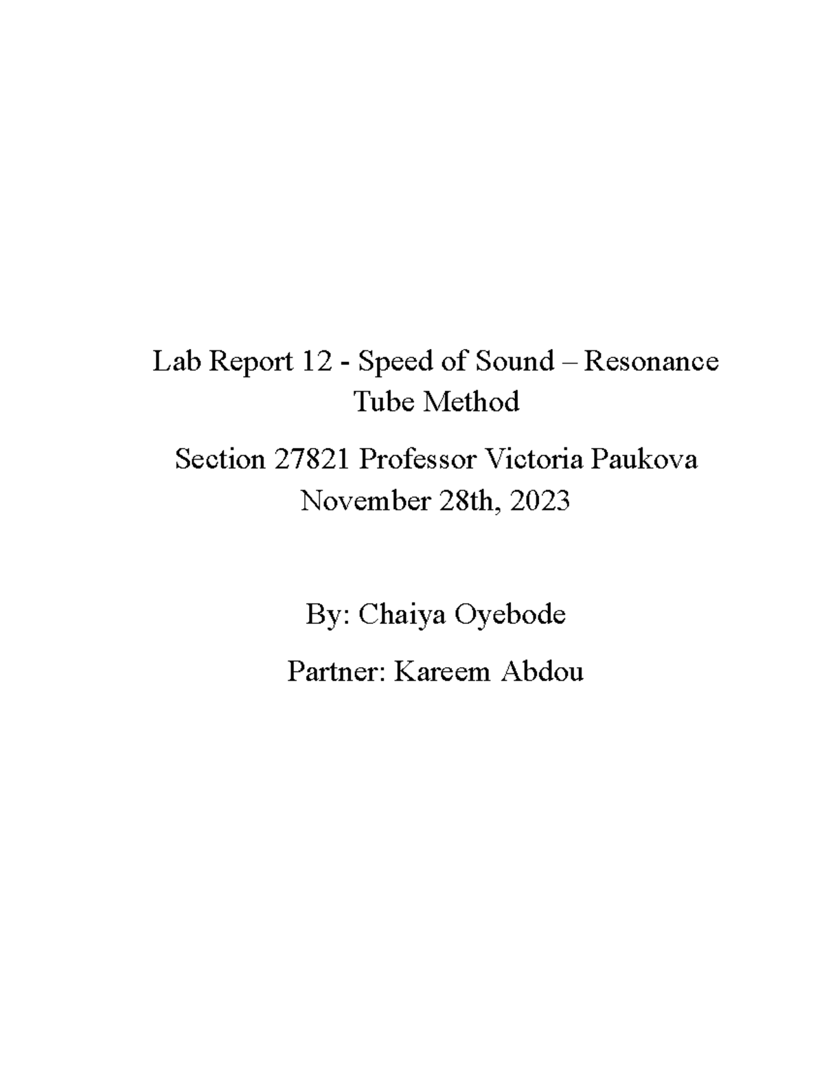 LAB Report 12 Speed of Sound Resonance Tube Method Lab Report 12