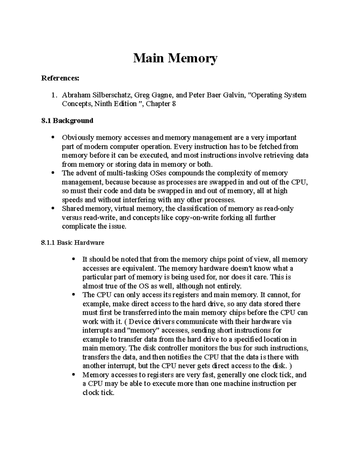 Memory management - operating sys. - Main Memory References: Abraham ...