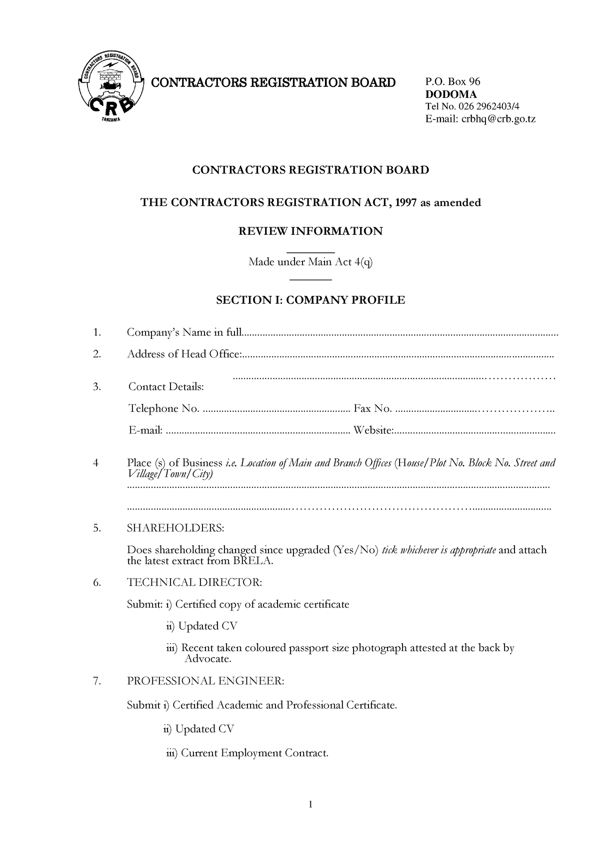 Contractors Review Information FORM - CONTRACTORS REGISTRATION BOARD ...