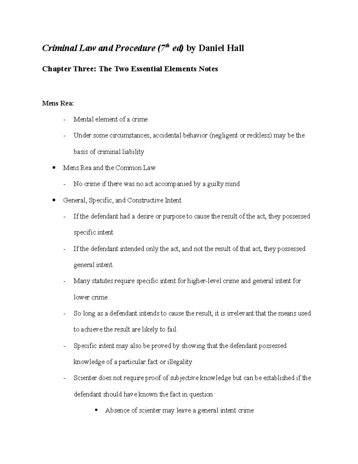 Chapter Three Notes - Criminal Law and Procedure (7th ed) by Daniel ...