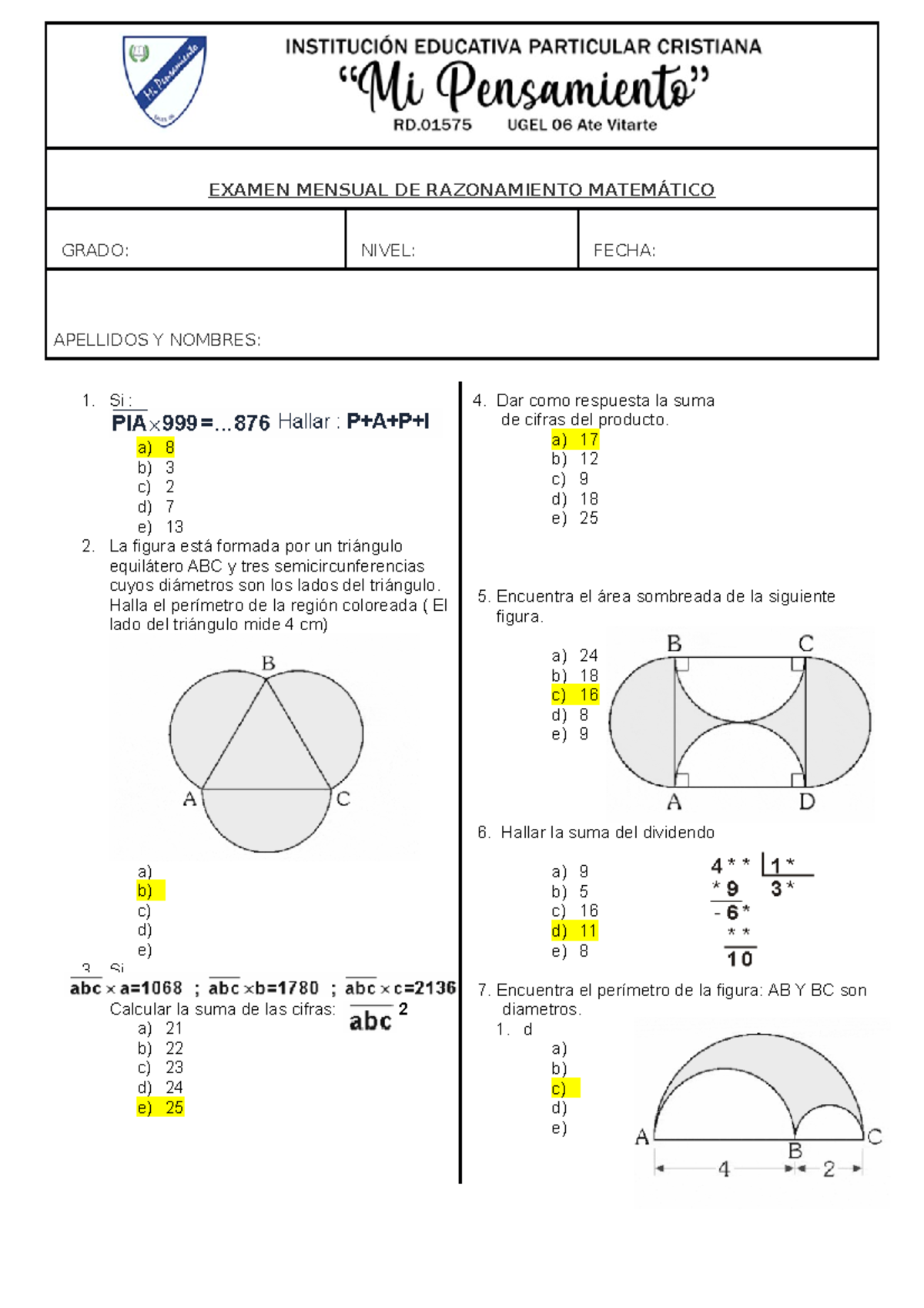 Examen Mensual DE Razonamiento Matemático - EXAMEN MENSUAL DE ...