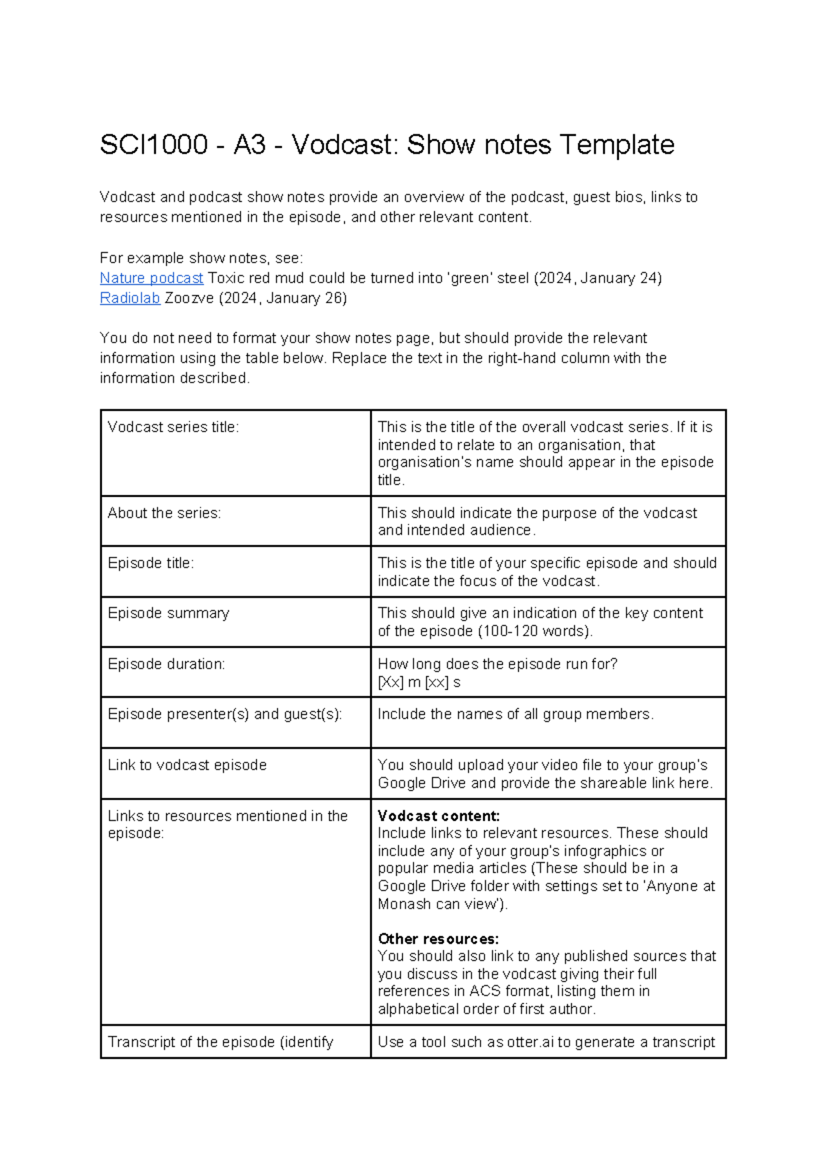 SCI1000 - Vodcast - Show notes Template - SCI1000 - A3 - Vodcast: Show ...