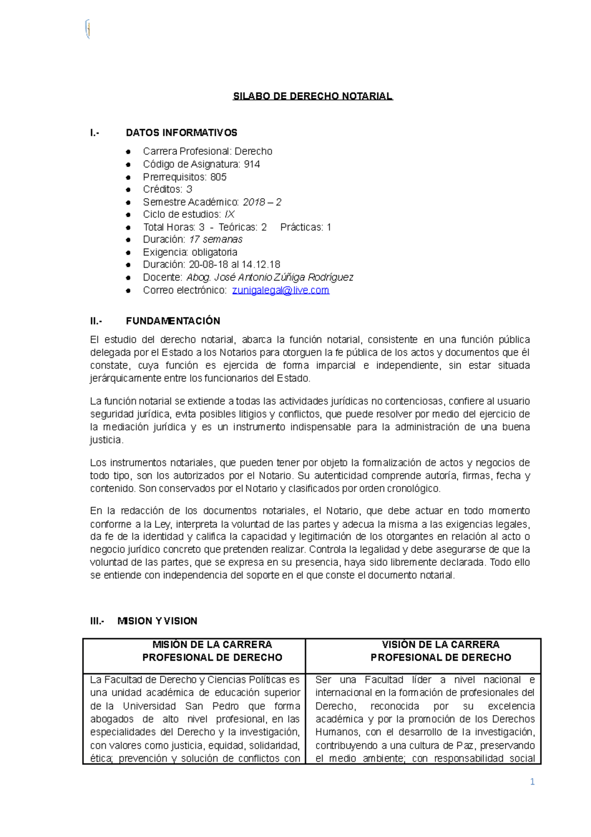 Derecho Notarial - SILABO DE DERECHO NOTARIAL I.- DATOS INFORMATIVOS ...