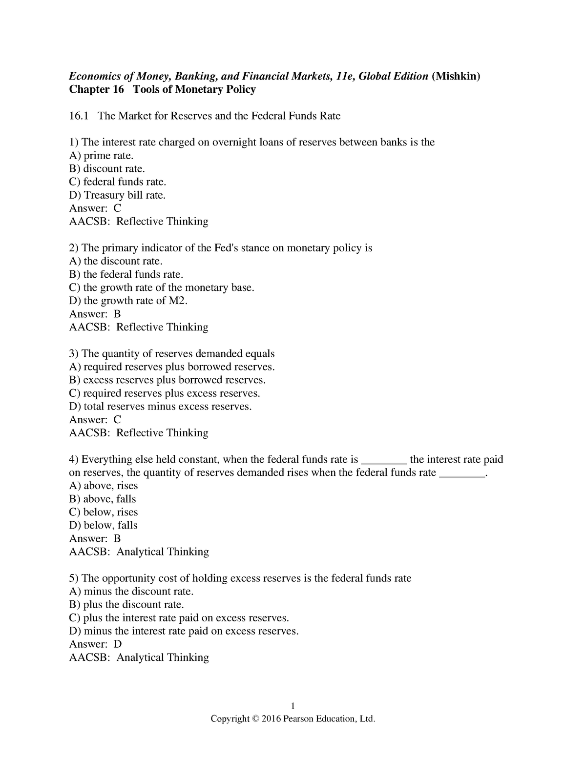 Chapter 16 - Testbank - 1 Economics Of Money, Banking, And Financial ...