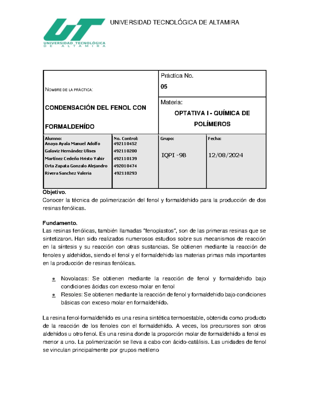 Practica 5. Condensaci-n del Fenol con Formaldeh-do - NOMBRE DE LA ...