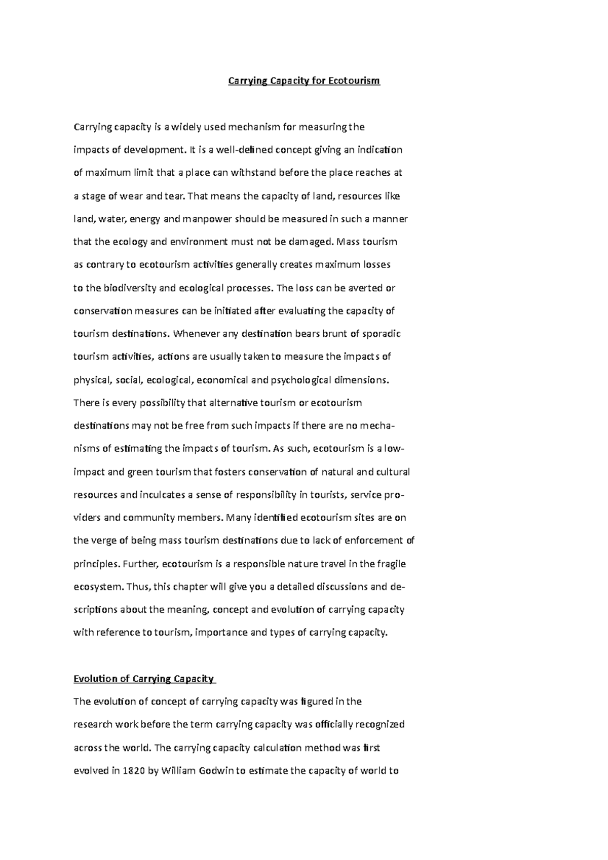 Eco 33 - Shortest summary note - Carrying Capacity for Ecotourism ...