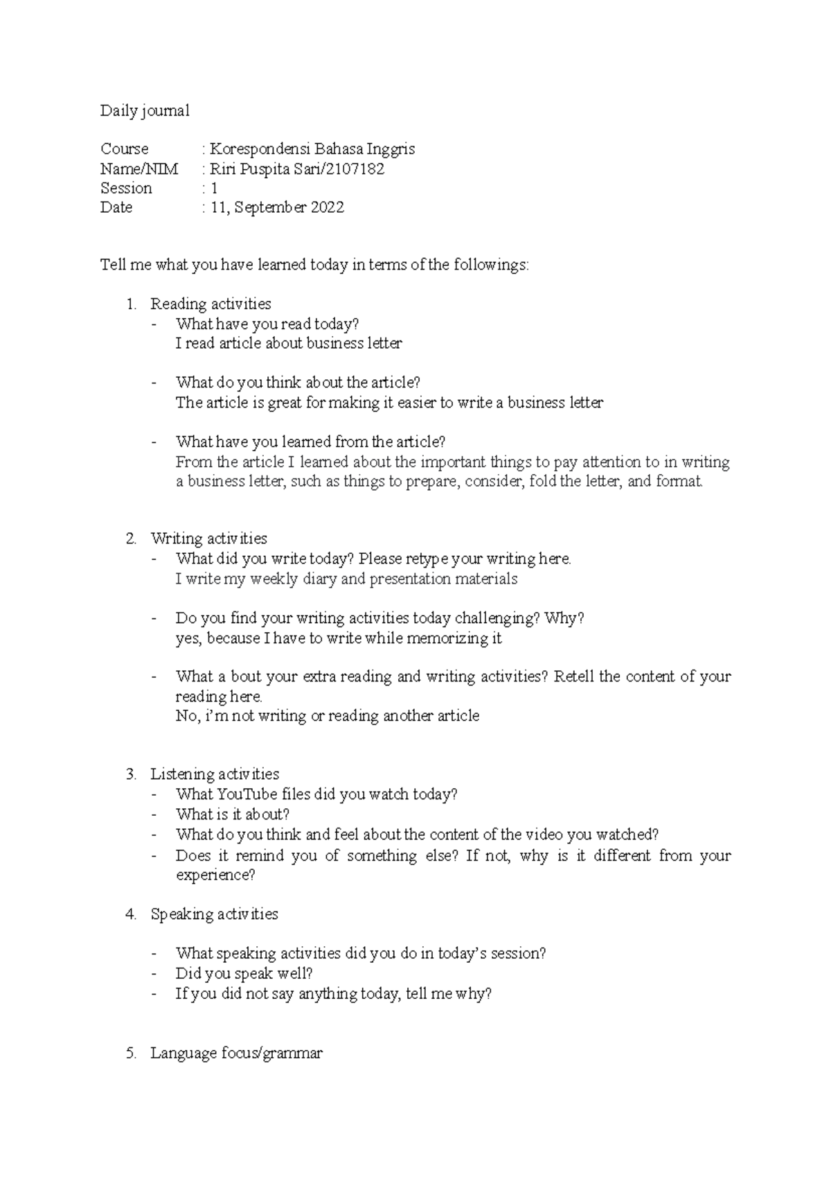 Daily journal at English Course to reflect student's understanding ...