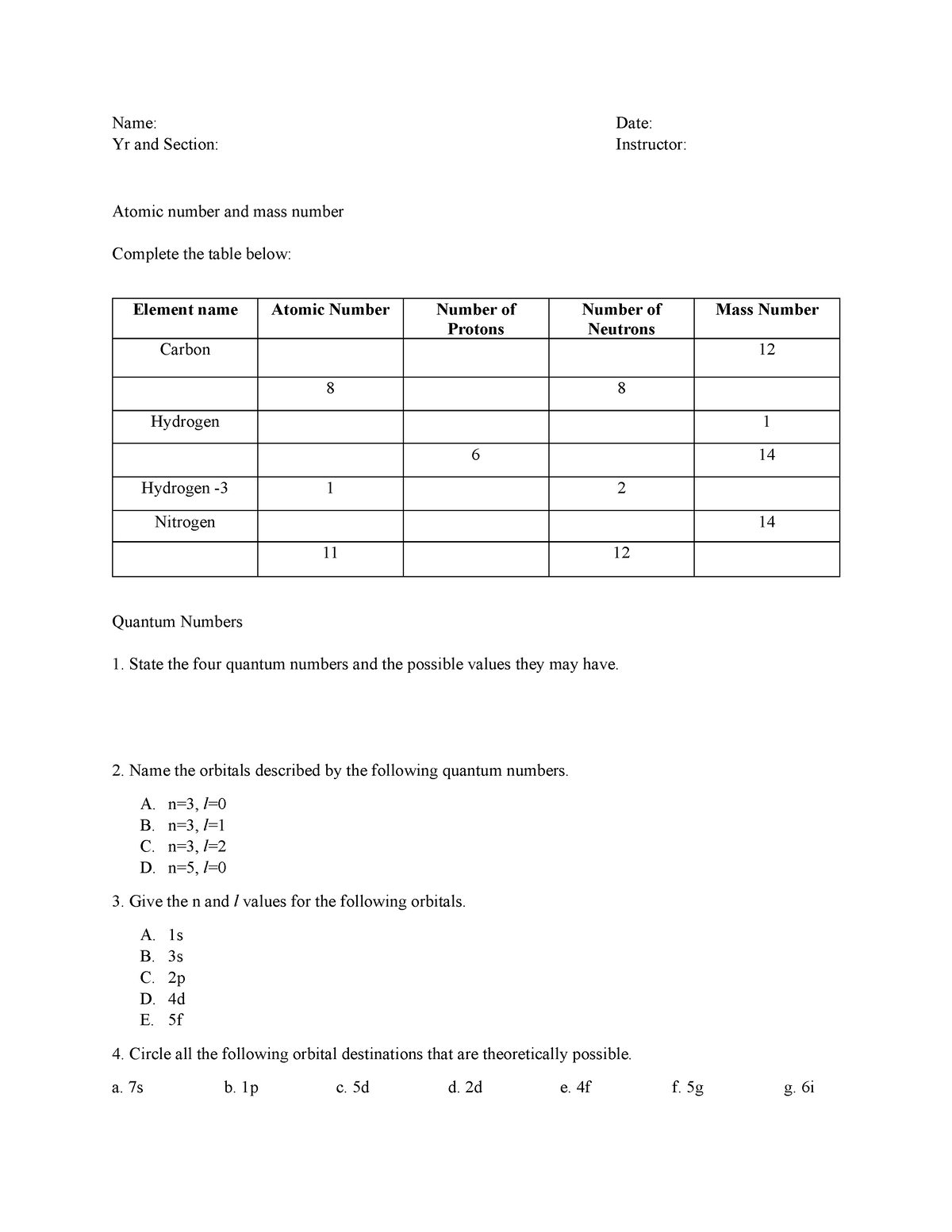 Atoms worksheet - Summary Bs medical technology - Name: Date: Yr and ...