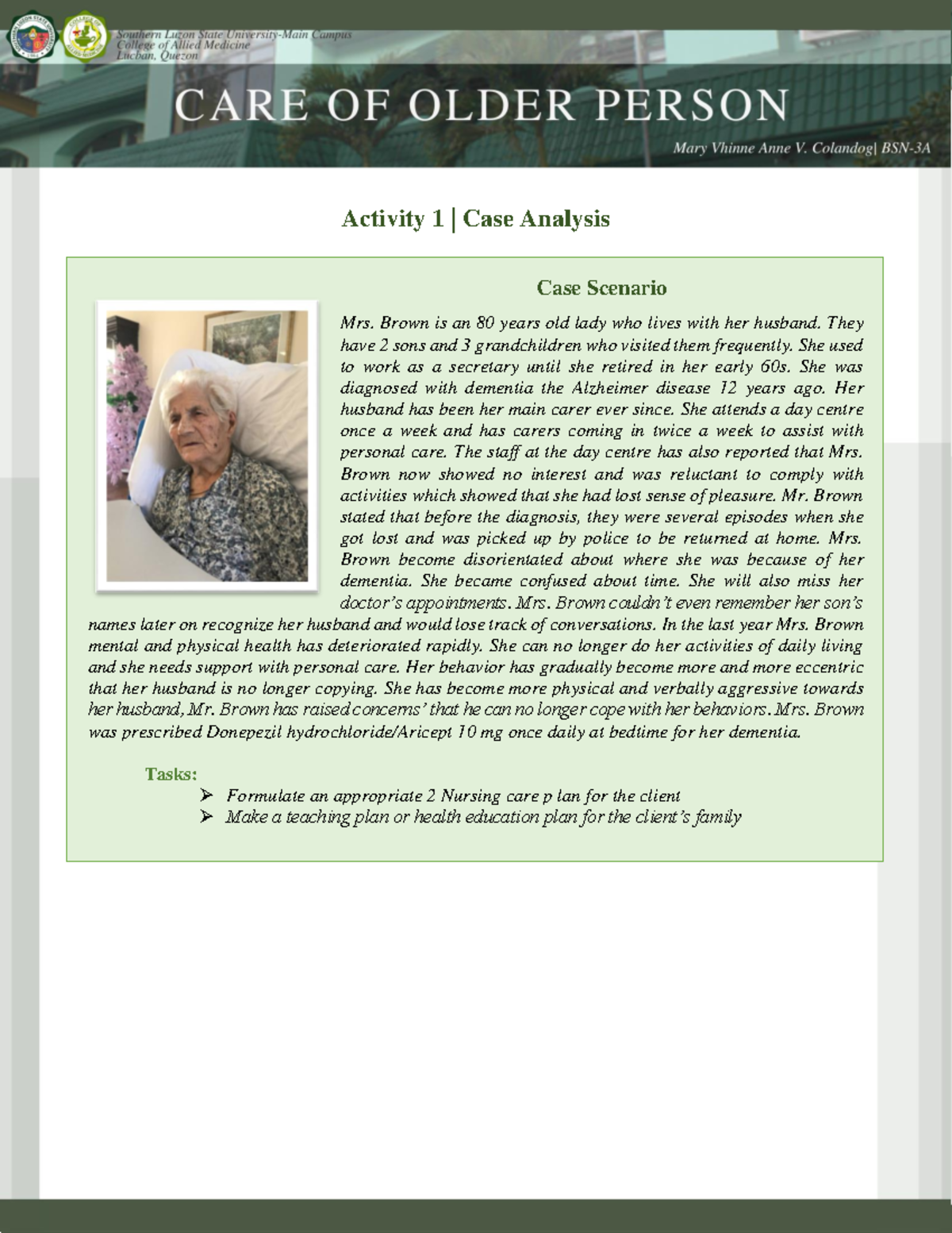 geriatric nursing case study examples