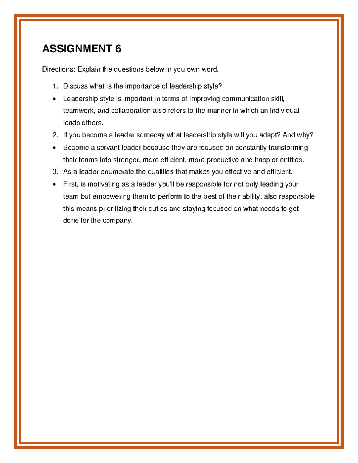 Assignment 6 CAE10 - ASSIGNMENT 6 Directions: Explain the questions ...