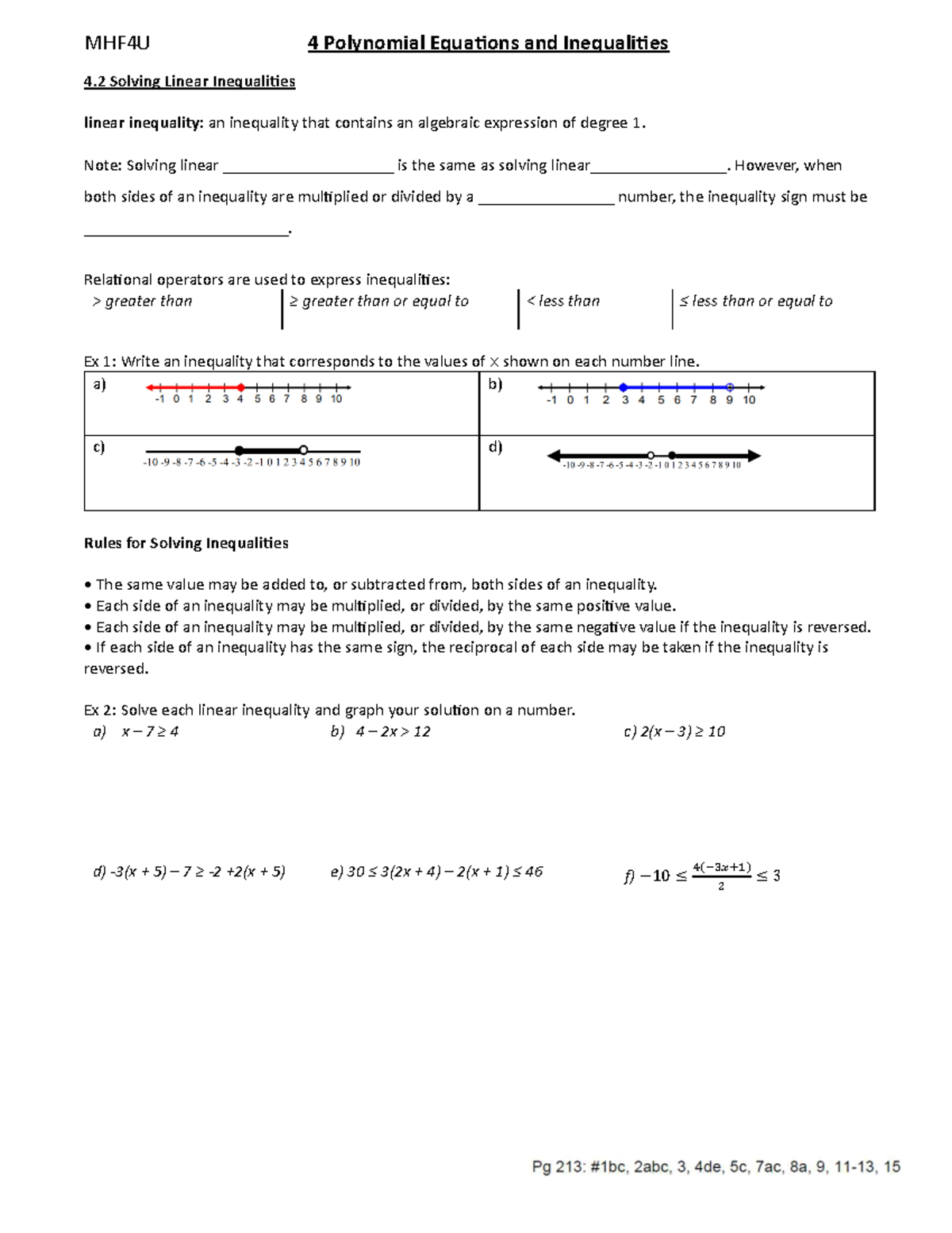 4.2 Linear inequalities-2023 - MHF4U 4 Polynomial EquaƟons and ...