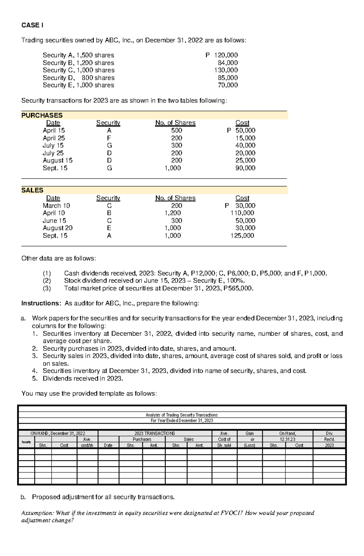 Audit of FV Investment - CASE I Trading securities owned by ABC, Inc ...