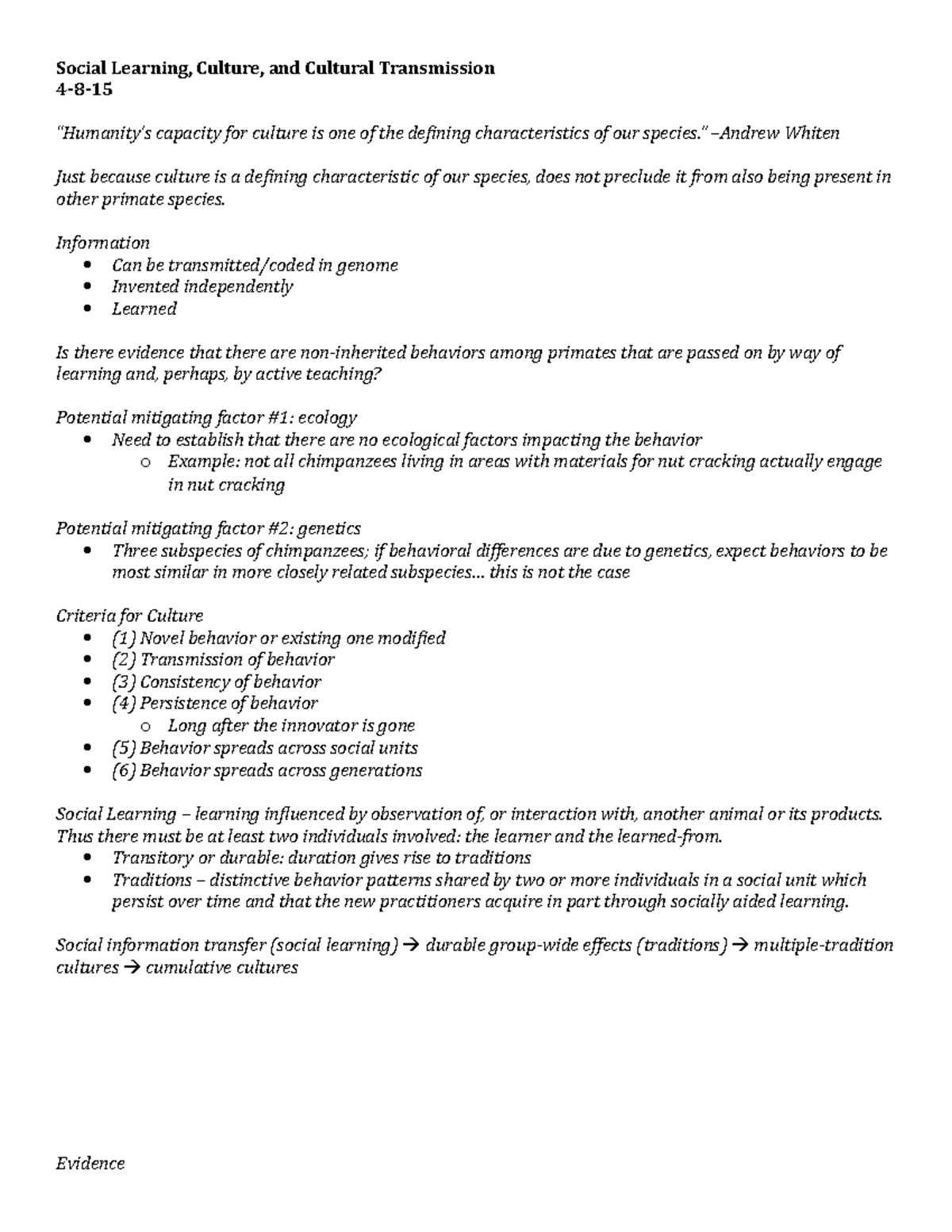 Primate behavior social learning 2 notes - Social Learning, Culture ...