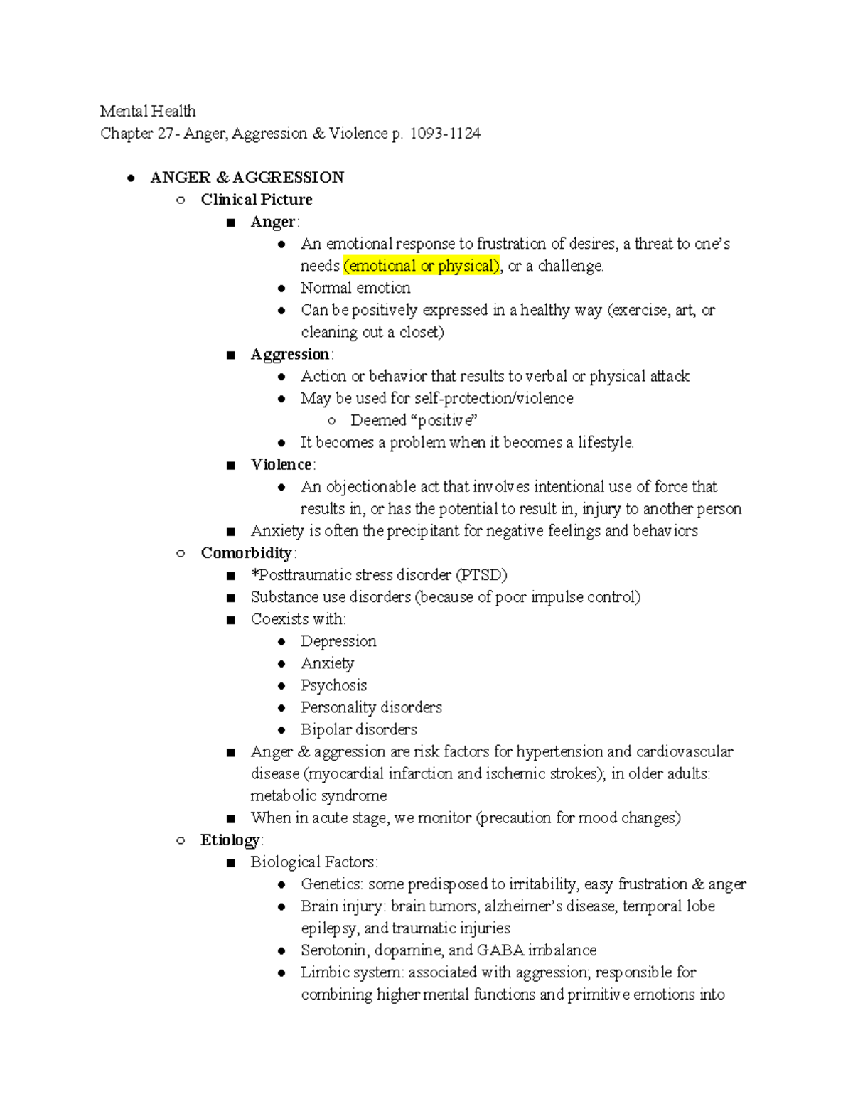MH Ch. 27- Anger, Aggression & Violence - Mental Health Chapter 27 ...