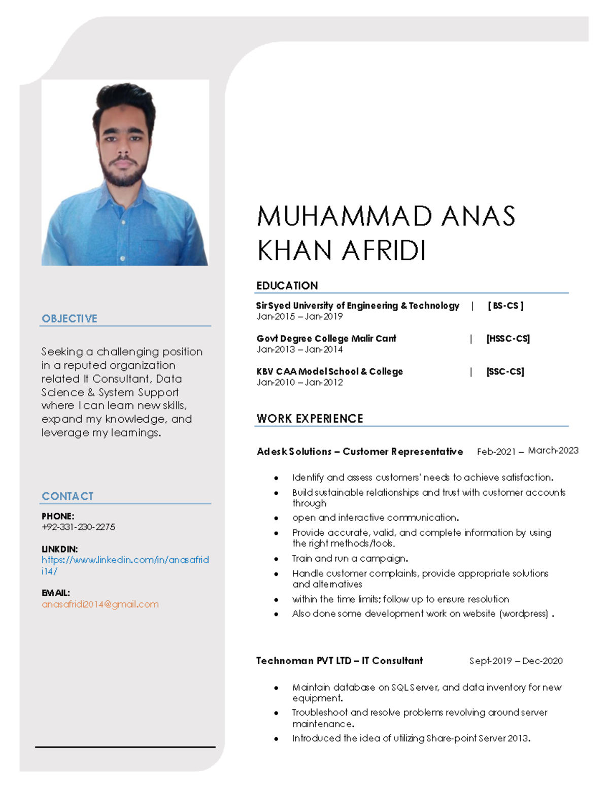 Resume - MUHAMMAD ANAS KHAN AFRIDI OBJECTIVE Seeking a challenging ...