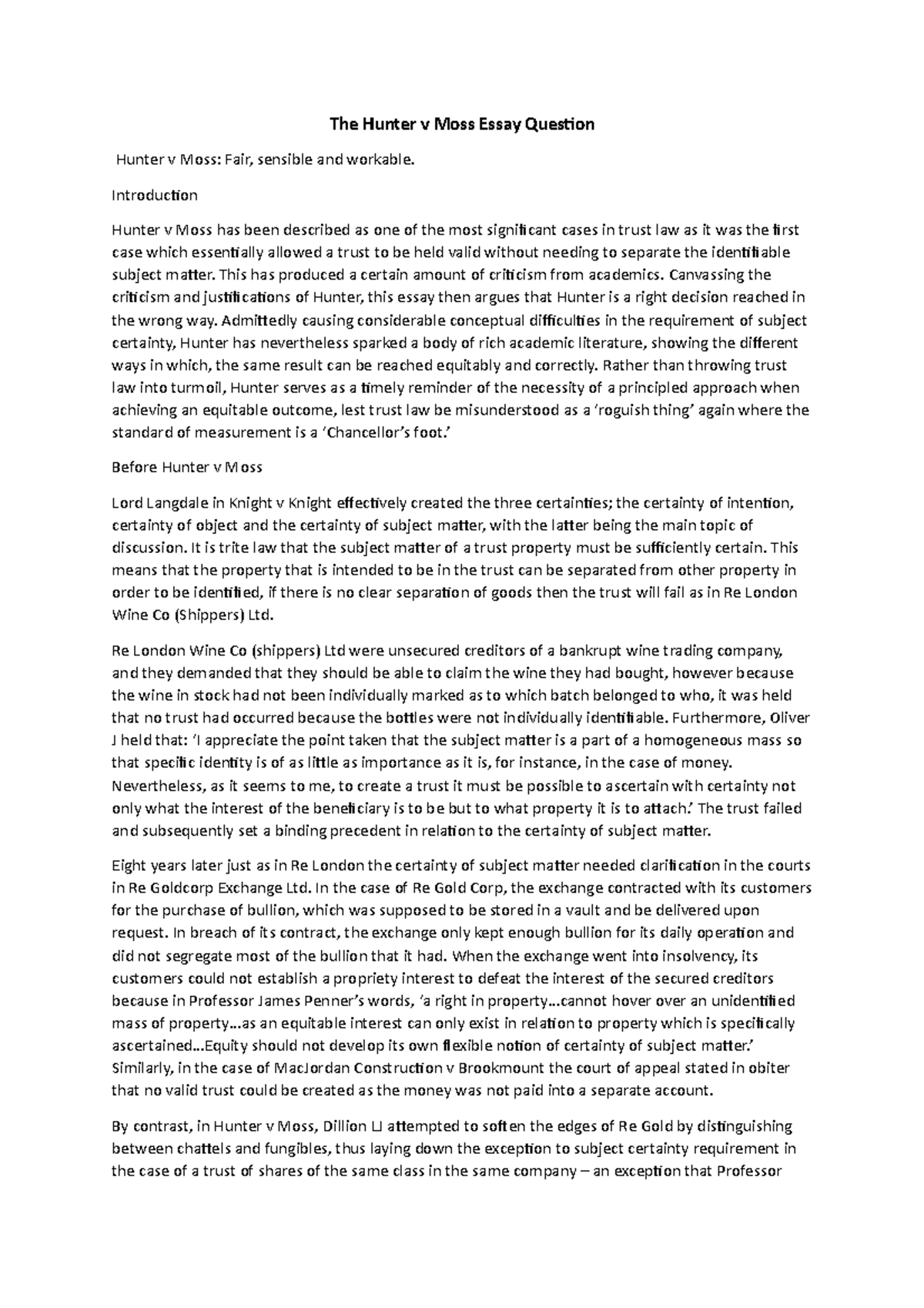 Hunter v moss essay example image