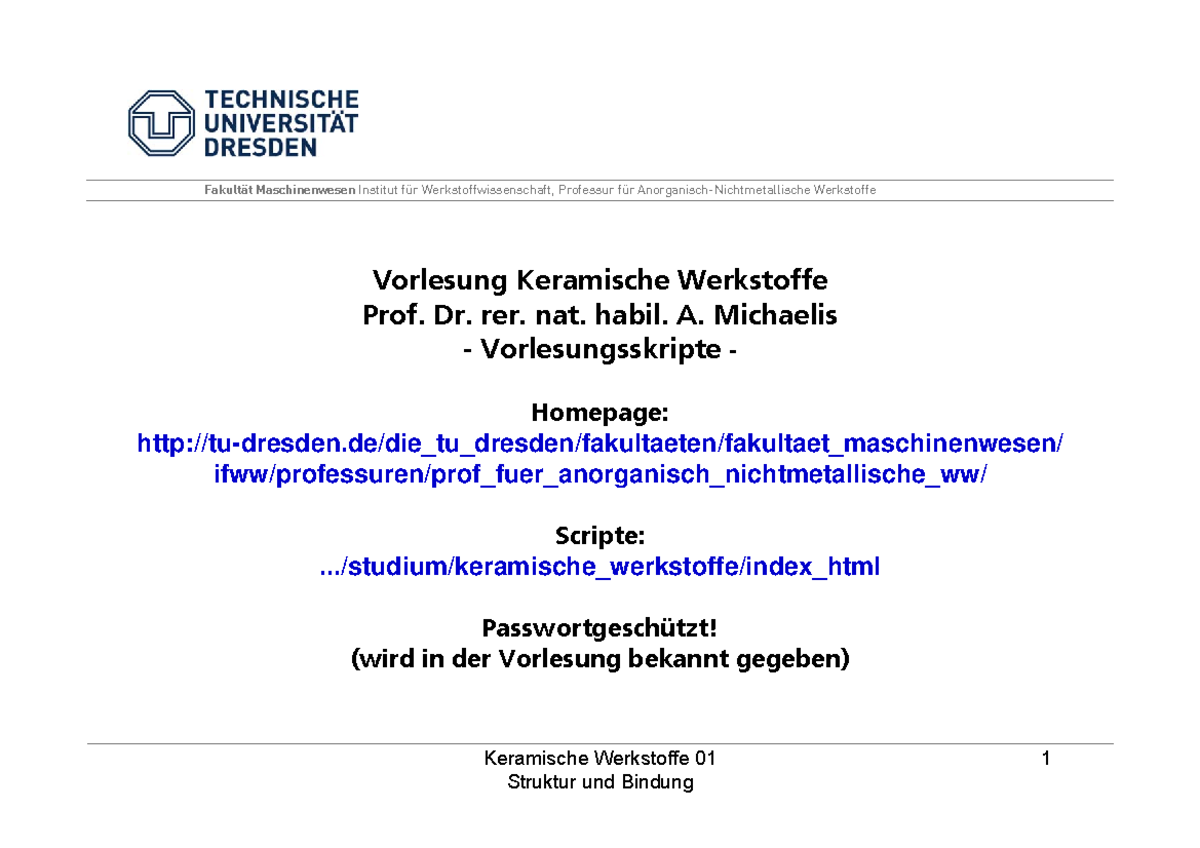 01 Struktur Und Bindung - Keramische Werkstoffe 01 1 Vorlesung ...