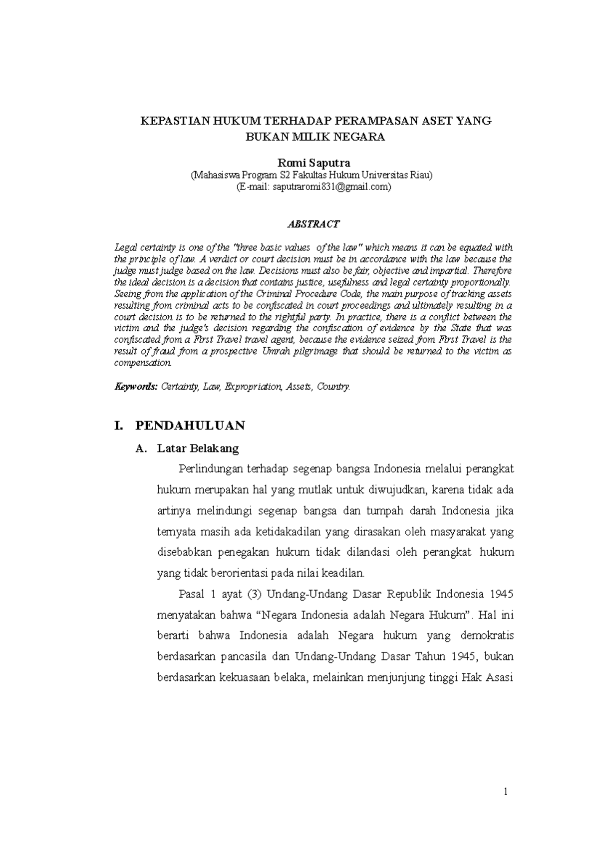 Kepastian Hukum Terhadap Perampasan Aset Negara - 1 KEPASTIAN HUKUM ...